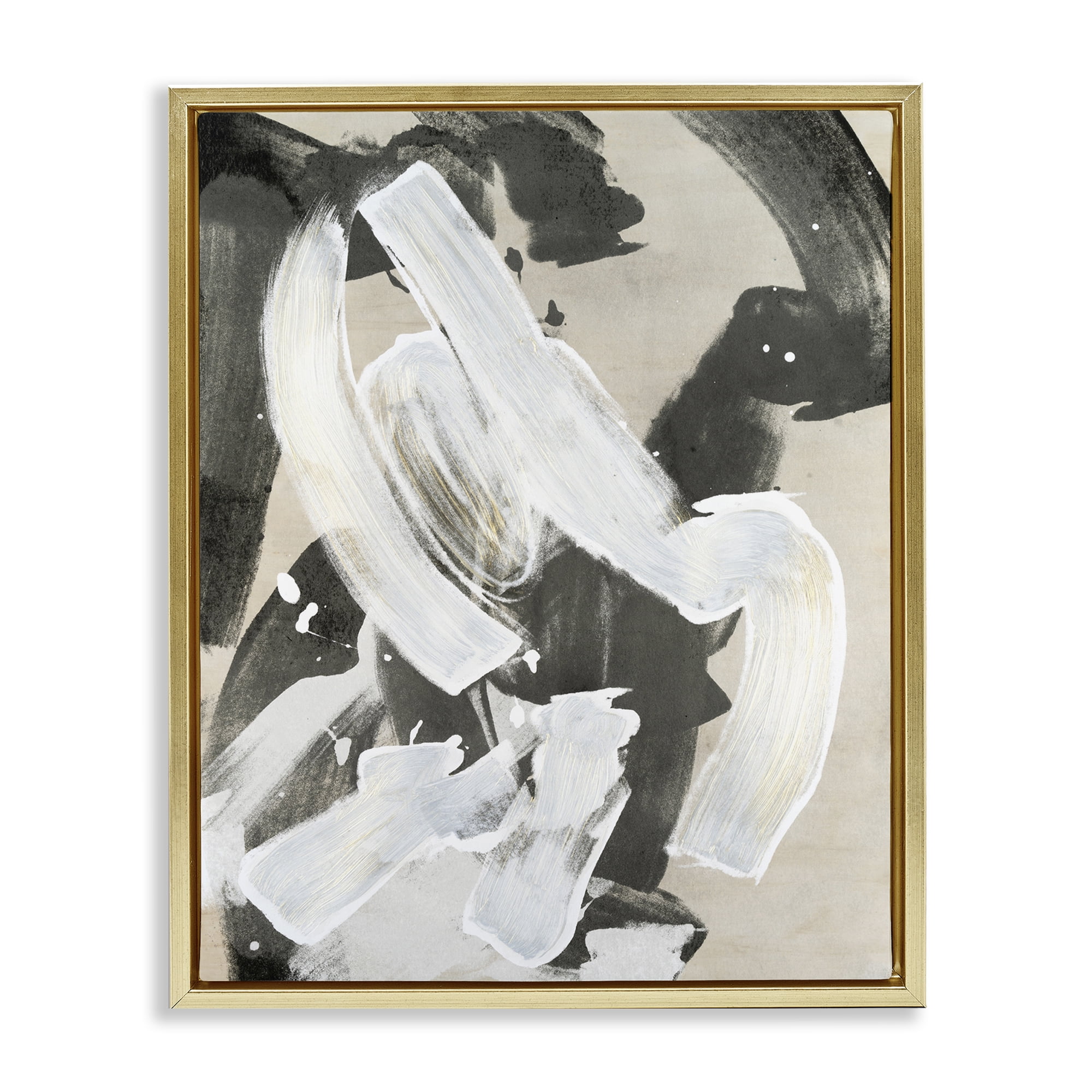 Stupell Industries Chaotic White Paint Streak Abstract Painting Gold Floater Framed Canvas Art Print Wall Art, 17 x 21