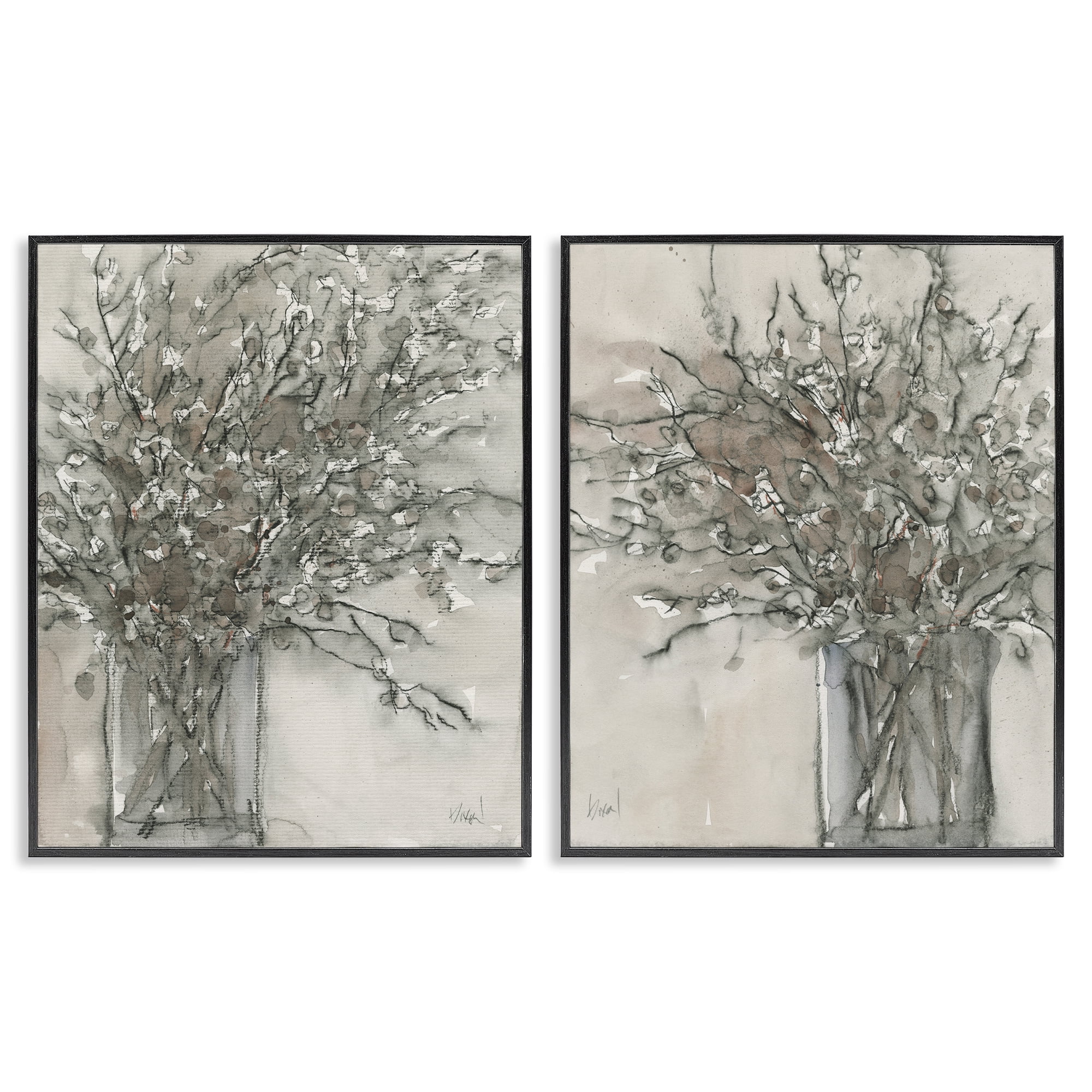 Stupell Industries Charcoal Sketched Vase Plants & Flowers Painting Black Framed Art Print Wall Art, 16 x 20, Set of 2