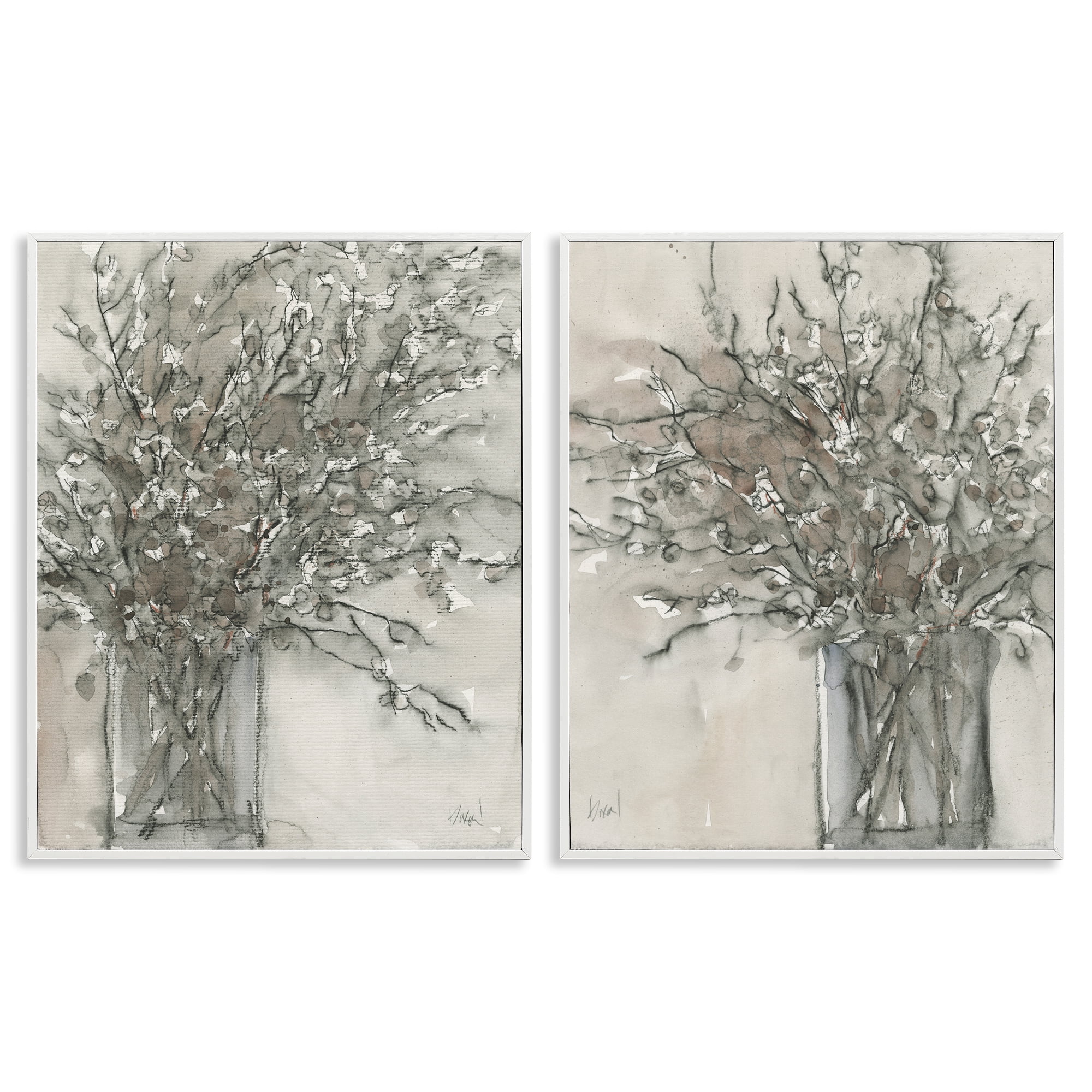 Stupell Industries Charcoal Sketched Vase Plants & Flowers Painting White Framed Art Print Wall Art, 16 x 20, Set of 2