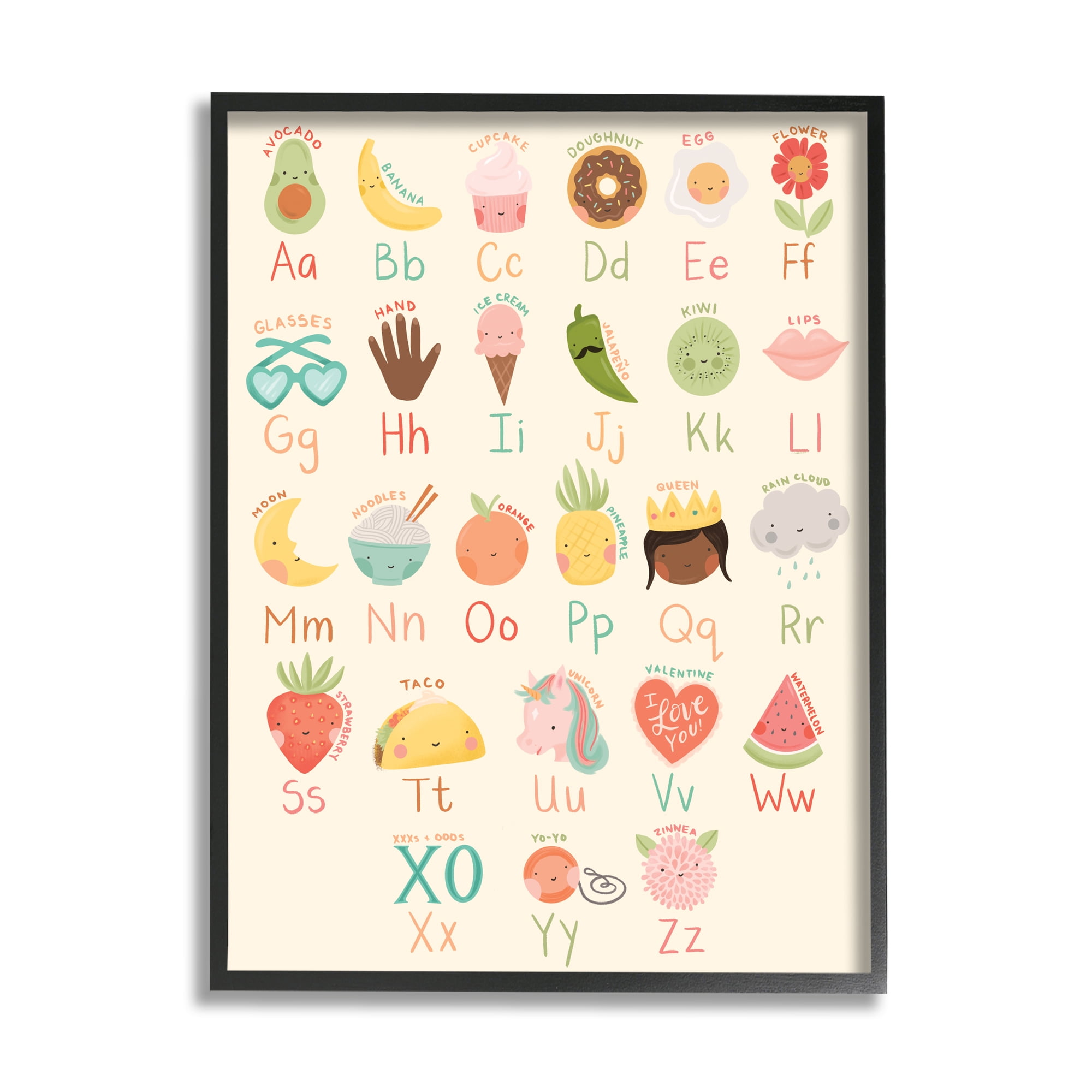 Stupell Industries Charming Alphabet Chart Desserts Taco Queen Unicorn Novelty Painting Black Framed Art Print Wall Art, 24 x 30, Design by Richelle Lynn Garne