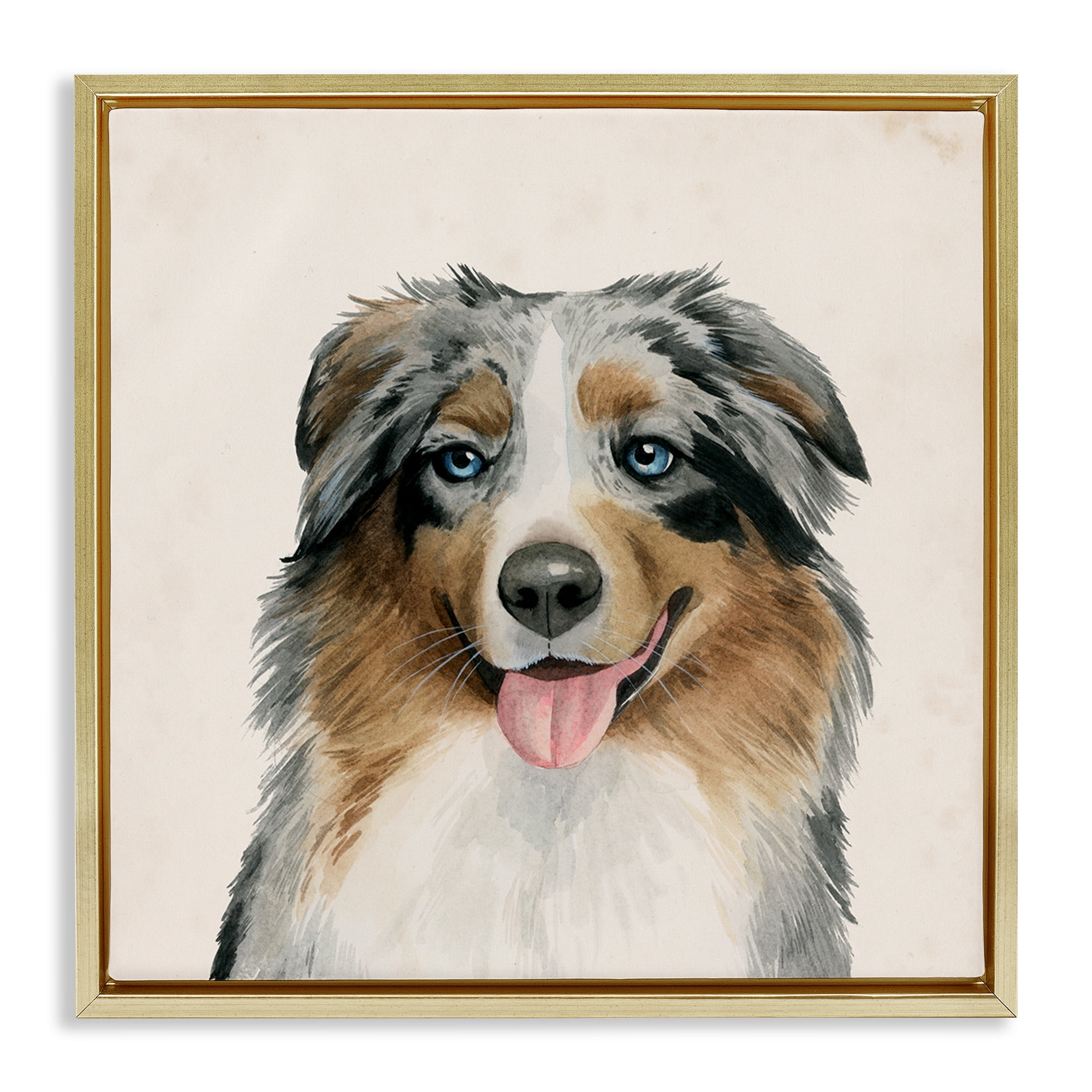 Stupell Industries Charming Australian Shepard Dog Animals & Insects Painting Gold Floater Framed Canvas Art Print Wall Art, 18 x 18