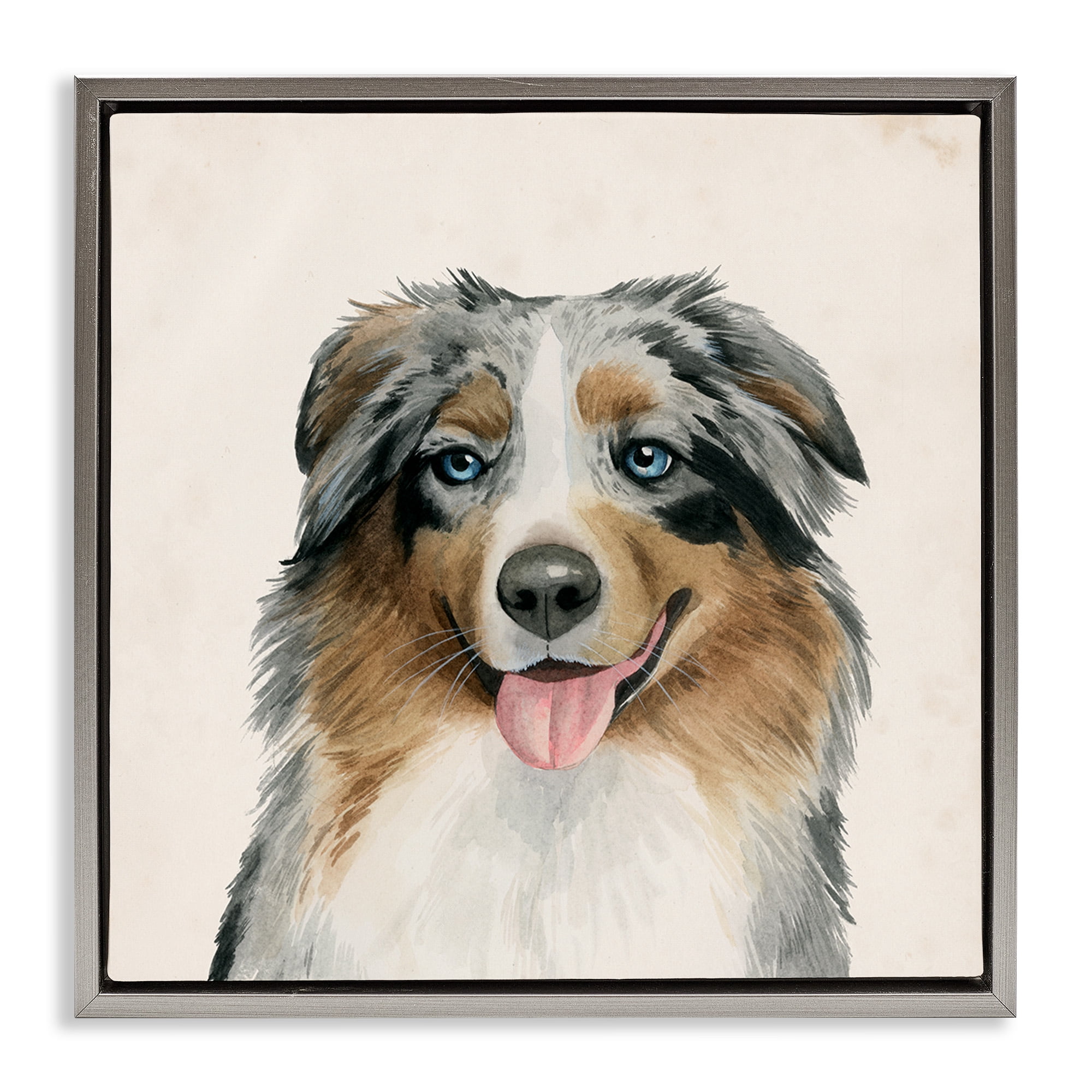 Stupell Industries Charming Australian Shepard Dog Animals & Insects Painting Gray Floater Framed Canvas Art Print Wall Art, 18 x 18