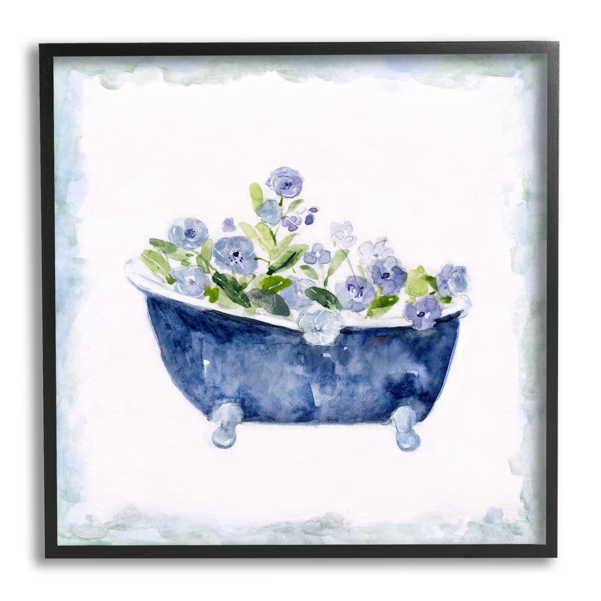 Stupell Industries Charming Blue Bathtub Botanical Floral Design Watercolor Border, 12 x 12, Design by Sally Swatland