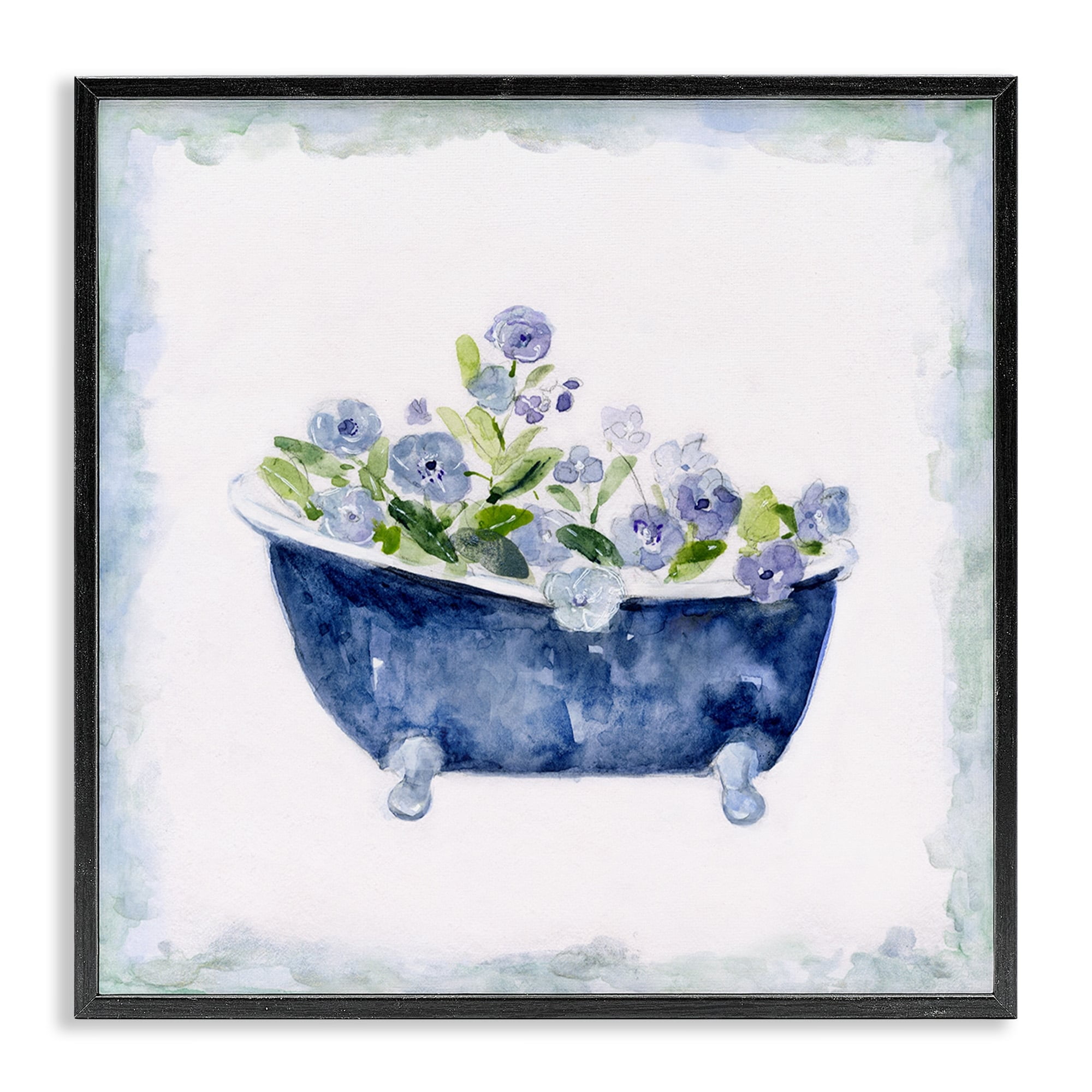 Blue Floral Bathtub Watercolor Print with Gray Frame