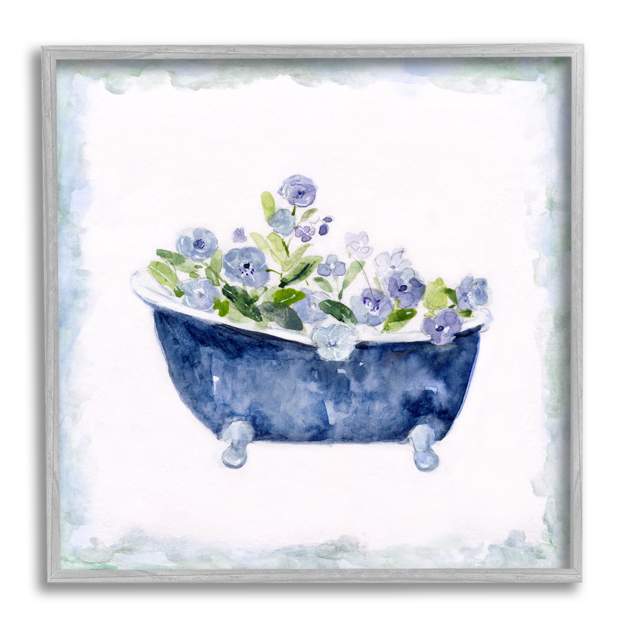 Blue Floral Bathtub Watercolor Print with Gray Frame