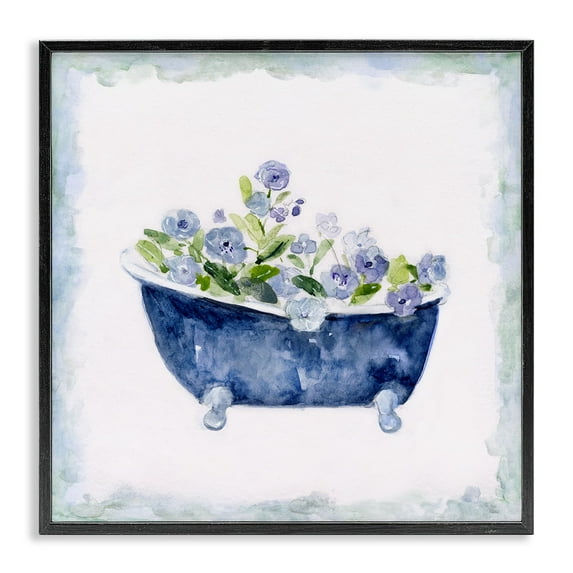 Stupell Industries Charming Blue Bathtub Botanical Floral Design Watercolor Border, 17 x 30, Design by Sally Swatland