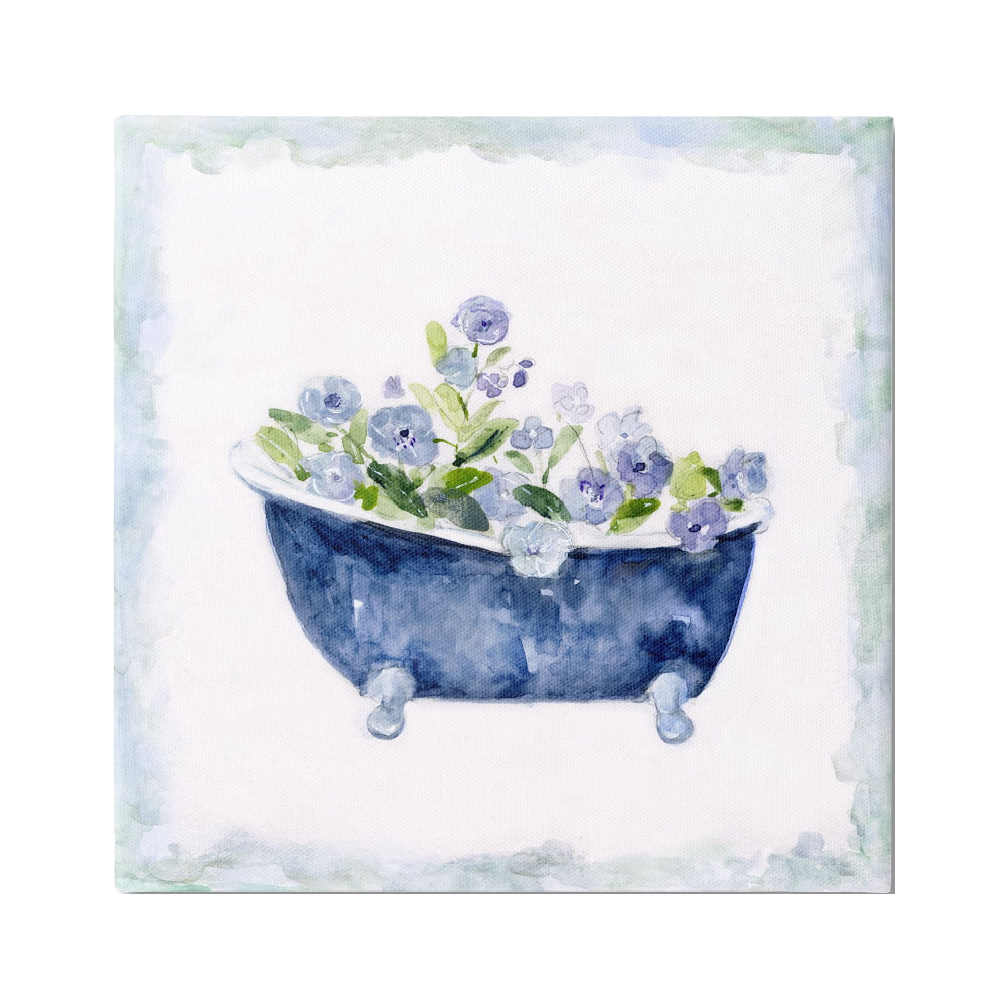 Stupell Industries Charming Blue Bathtub Botanical Floral Design Watercolor Border Modern Painting Gallery-Wrapped Canvas Print Wall Art, 24 x 24, Design by Sally Swatland
