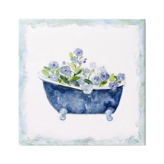 Stupell Industries Charming Blue Bathtub Botanical Floral Design Watercolor Border Modern Painting Gallery-Wrapped Canvas Print Wall Art, 24 x 24, Design by Sally Swatland