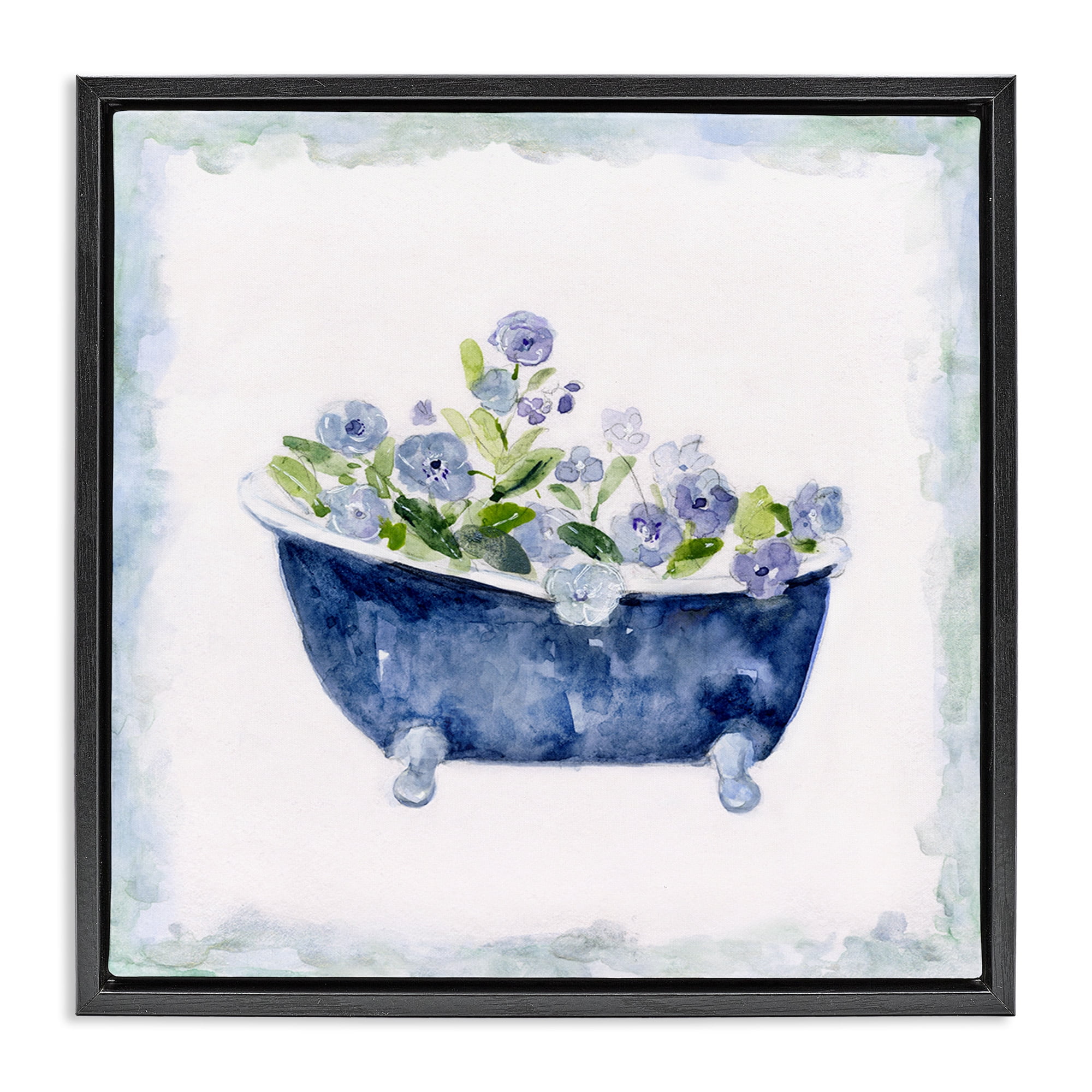Stupell Industries Charming Blue Bathtub Florals Botanical & Floral Painting Black Floater Framed Canvas Art Print Wall Art, 18 x 18