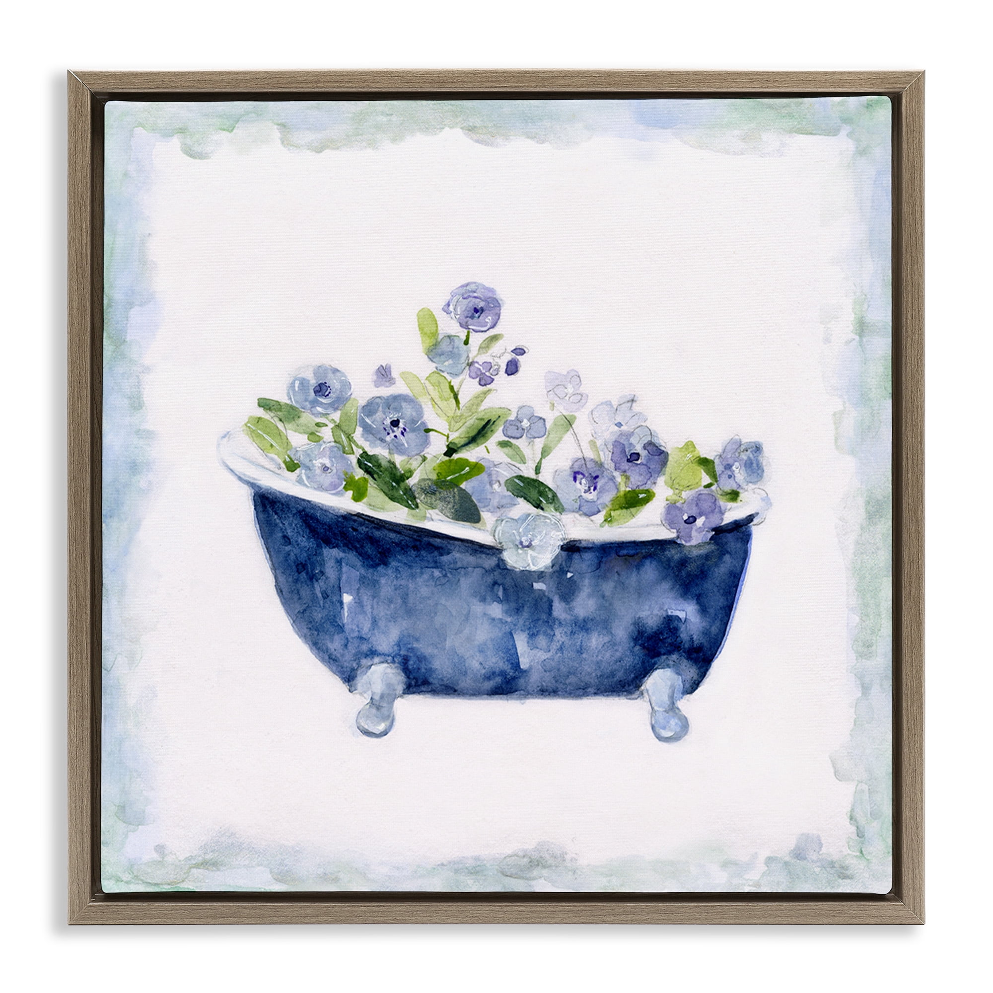 Stupell Industries Charming Blue Bathtub Florals Botanical & Floral Painting Brown Floater Framed Canvas Art Print Wall Art, 18 x 18