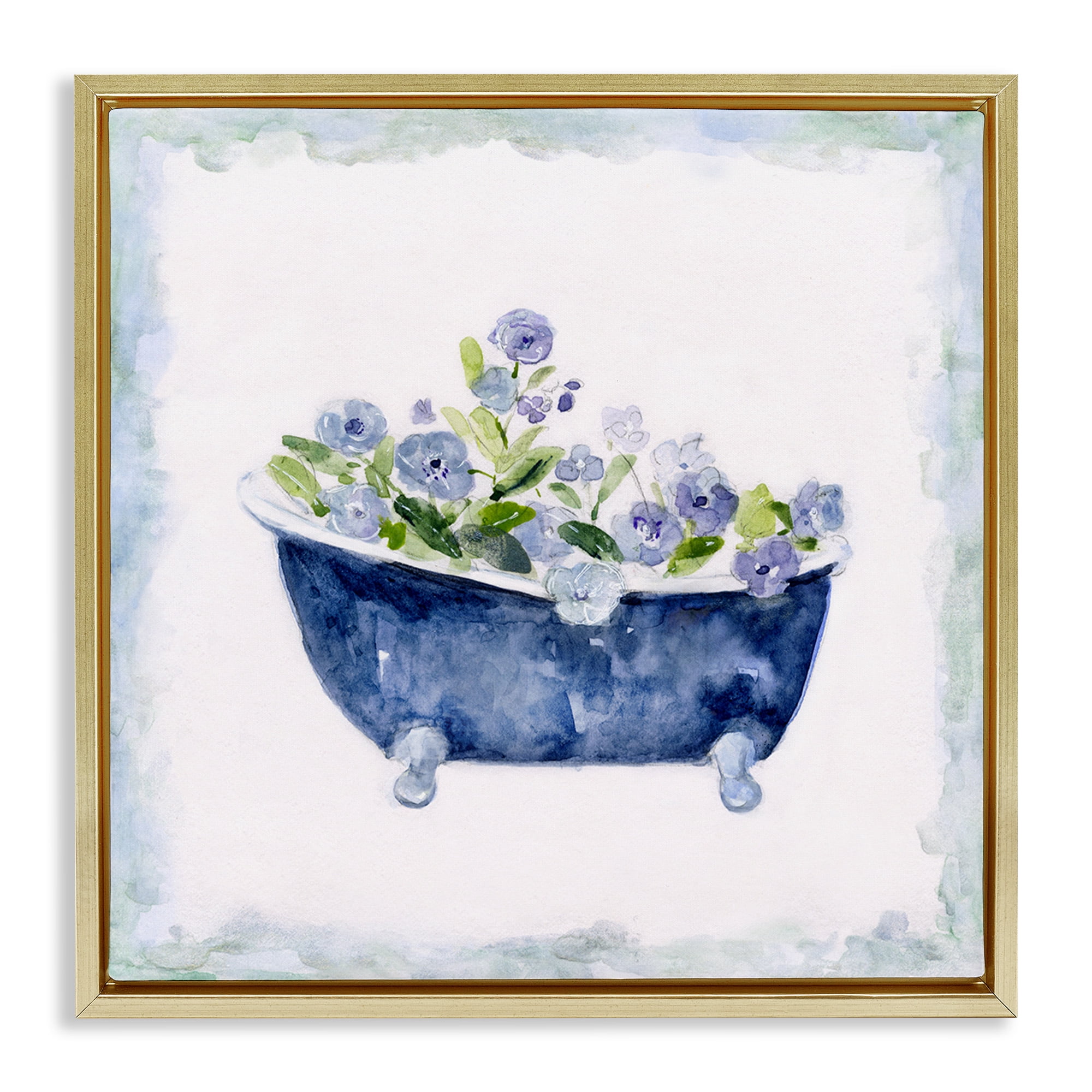 Stupell Industries Charming Blue Bathtub Florals Botanical & Floral Painting Gold Floater Framed Canvas Art Print Wall Art, 18 x 18