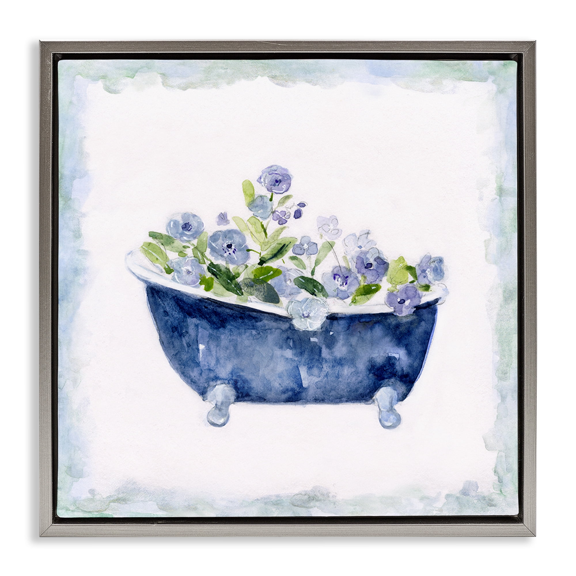 Stupell Industries Charming Blue Bathtub Florals Botanical & Floral Painting Gray Floater Framed Canvas Art Print Wall Art, 18 x 18