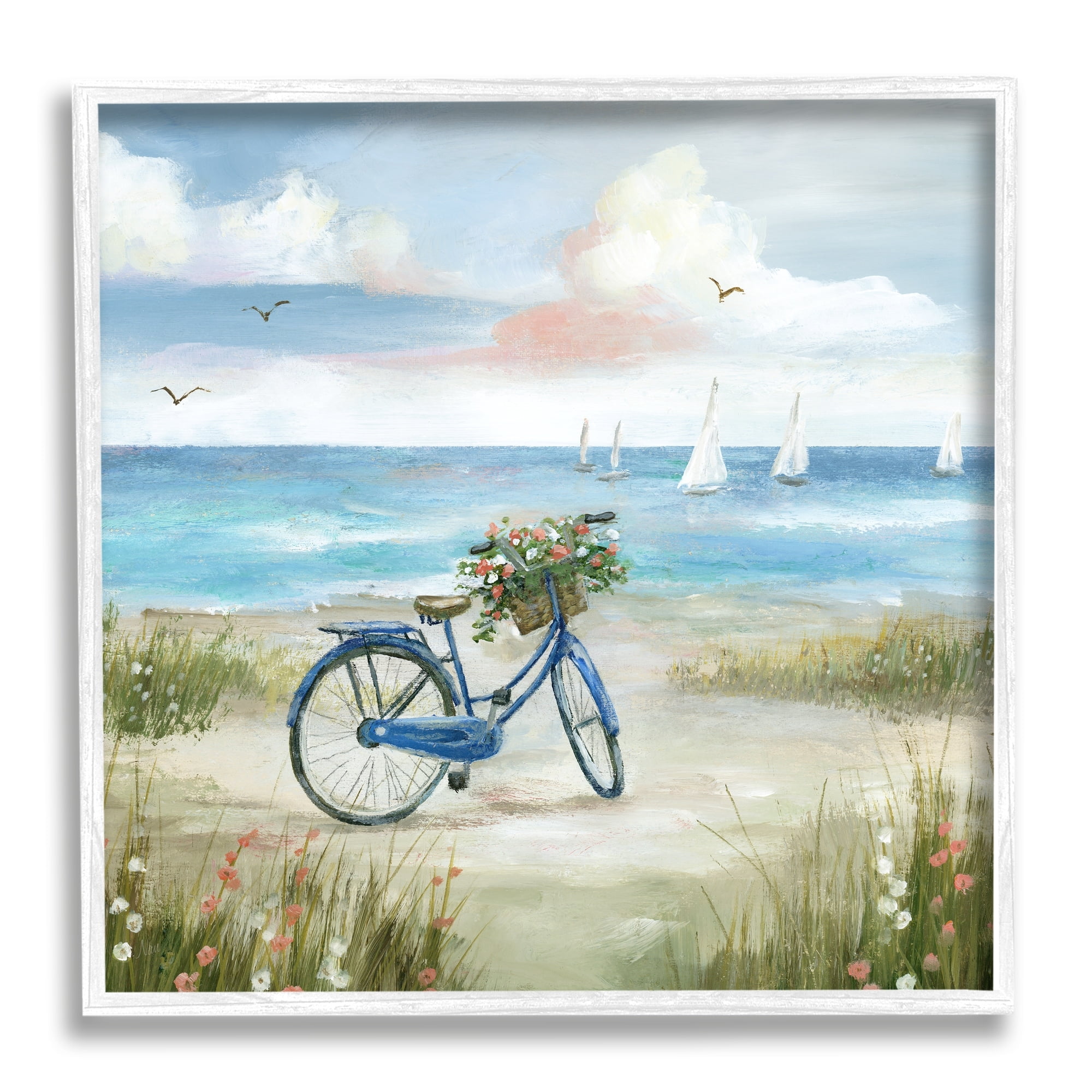 Stupell Industries Charming Blue Bicycle Floral Bouquet Distant Beach Sailboats , 17 x 17, Design by Nan