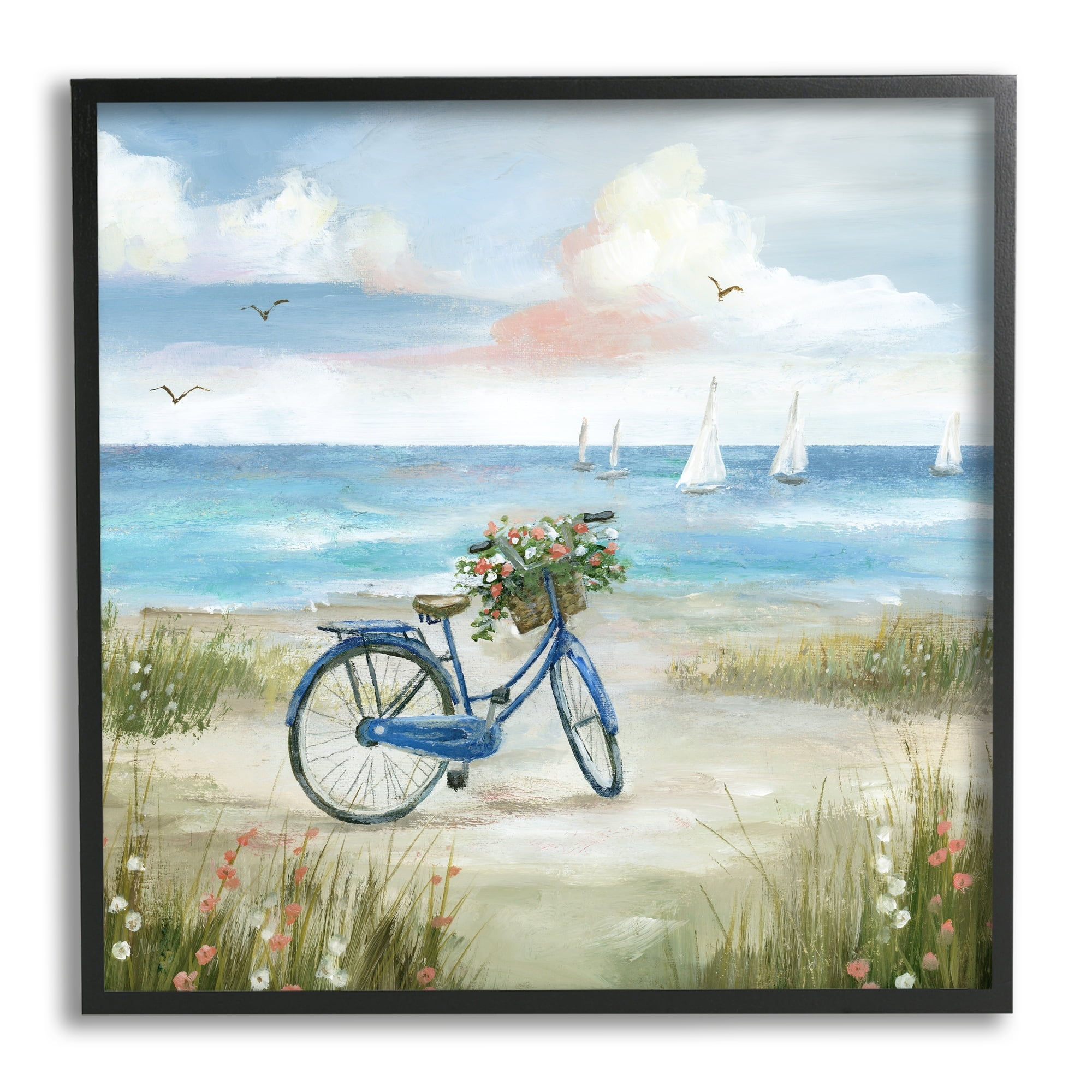 Stupell Industries Charming Blue Bicycle Floral Bouquet Distant Beach Sailboats , 17 x 30, Design by Nan