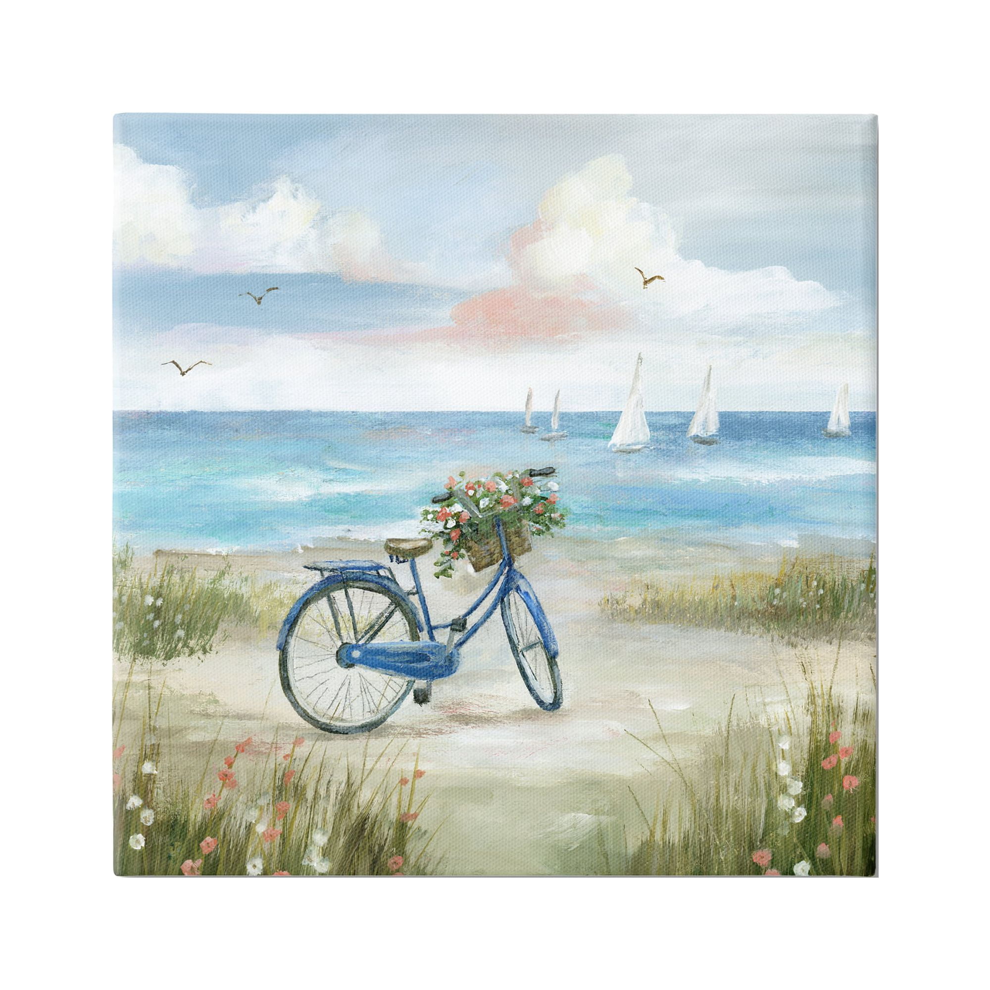 Stupell Industries Charming Blue Bicycle Floral Bouquet Distant Beach Sailboats Coastal Painting Gallery-Wrapped Canvas Print Wall Art, 30 x 30, Design by Nan