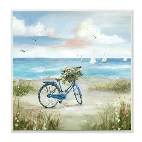 Stupell Industries Charming Blue Bicycle Floral Bouquet Distant Beach Sailboats Paintings Unframed Art Print Wall Art, 12x12, by Nan