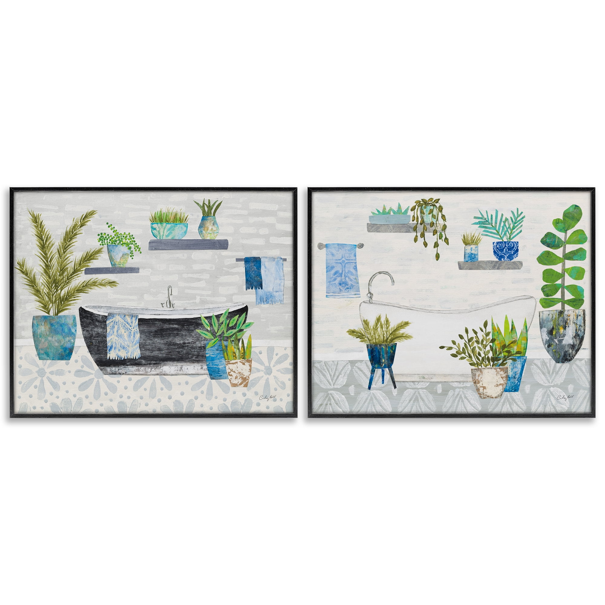 Stupell Industries Charming Botanical Bathroom Bath & Laundry Painting Black Framed Art Print Wall Art, 30 x 24, Set of 2