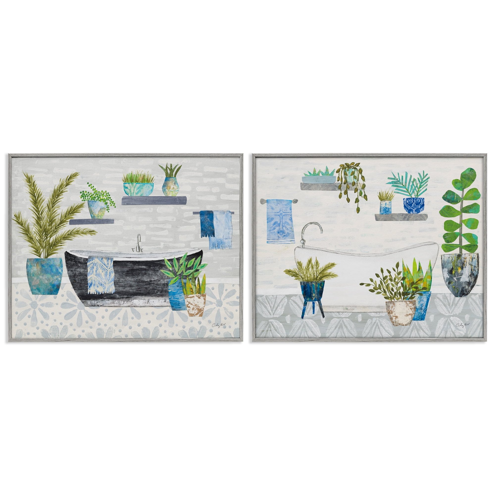 Stupell Industries Charming Botanical Bathroom Bath & Laundry Painting Gray Framed Art Print Wall Art, 30 x 24, Set of 2