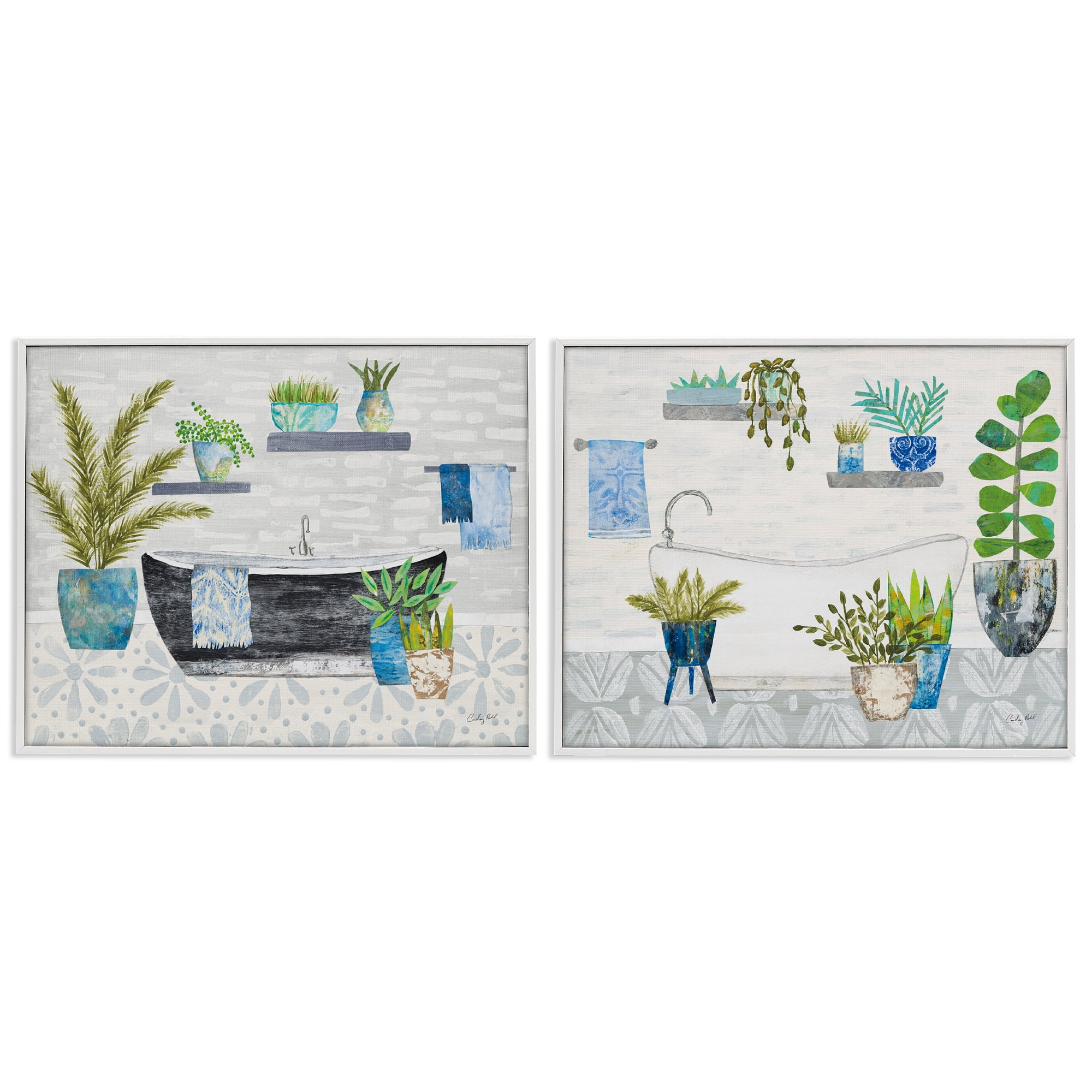 Stupell Industries Charming Botanical Bathroom Bath & Laundry Painting White Framed Art Print Wall Art, 20 x 16, Set of 2