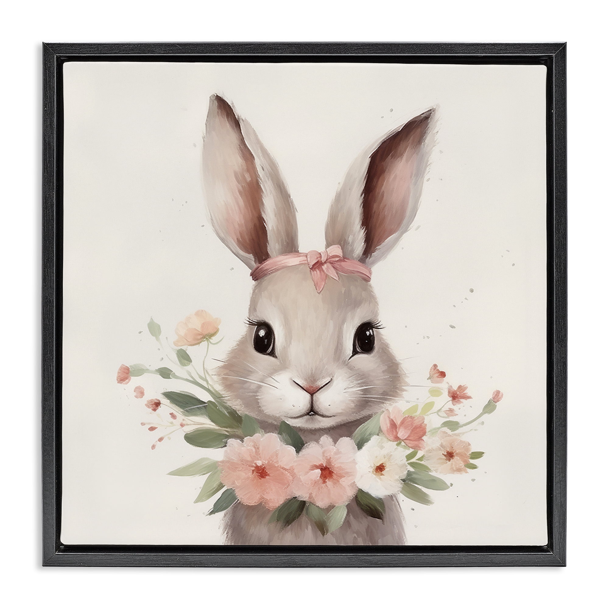 Stupell Industries Charming Bunny in Floral Wreath Black Framed Floater Canvas Wall Art, design by Lazar Studio