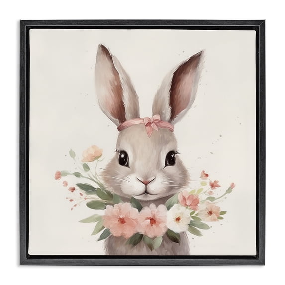 Stupell Industries Cottage Charming Bunny in Floral Wreath Black Floating Frame Canvas Art, 18 x 18, by Lazar Studio
