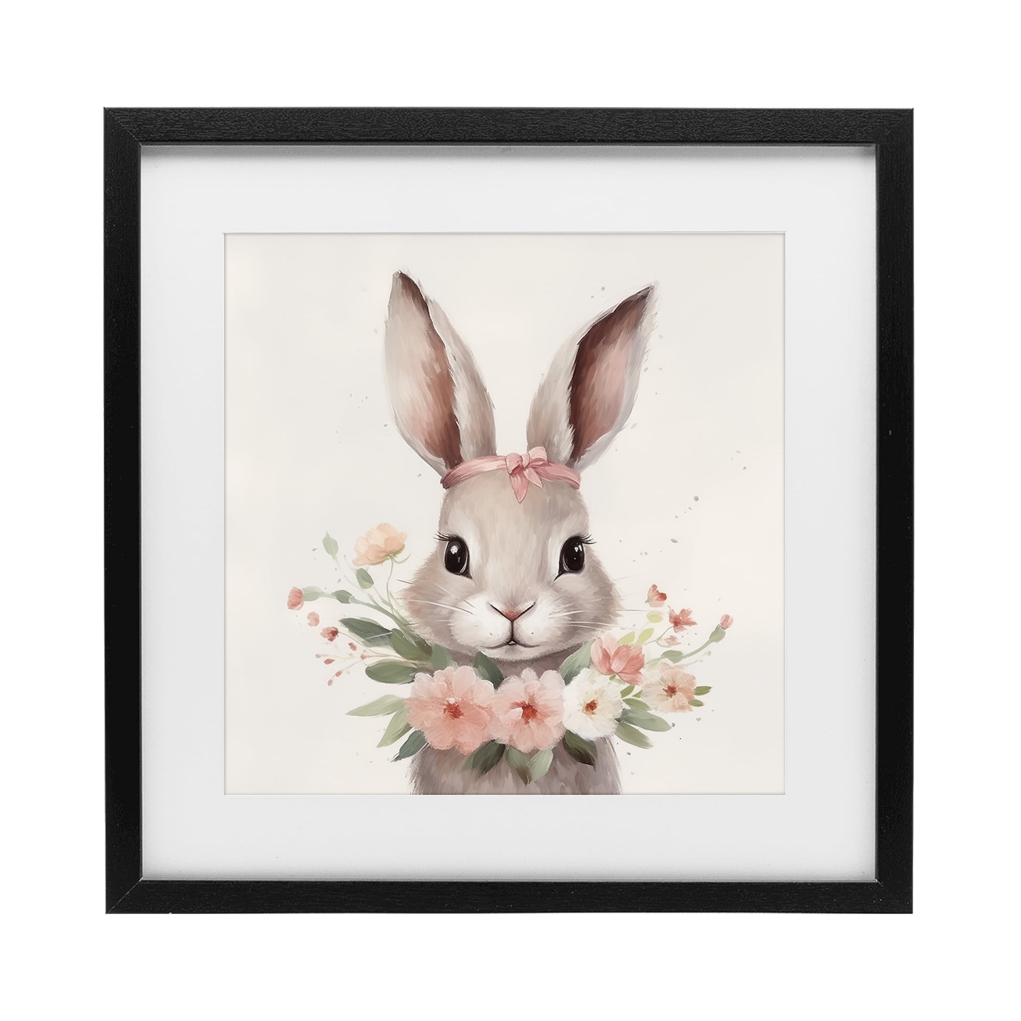 Stupell Industries Charming Bunny in Floral Wreath Black Framed Print Under Glass, design by Lazar Studio