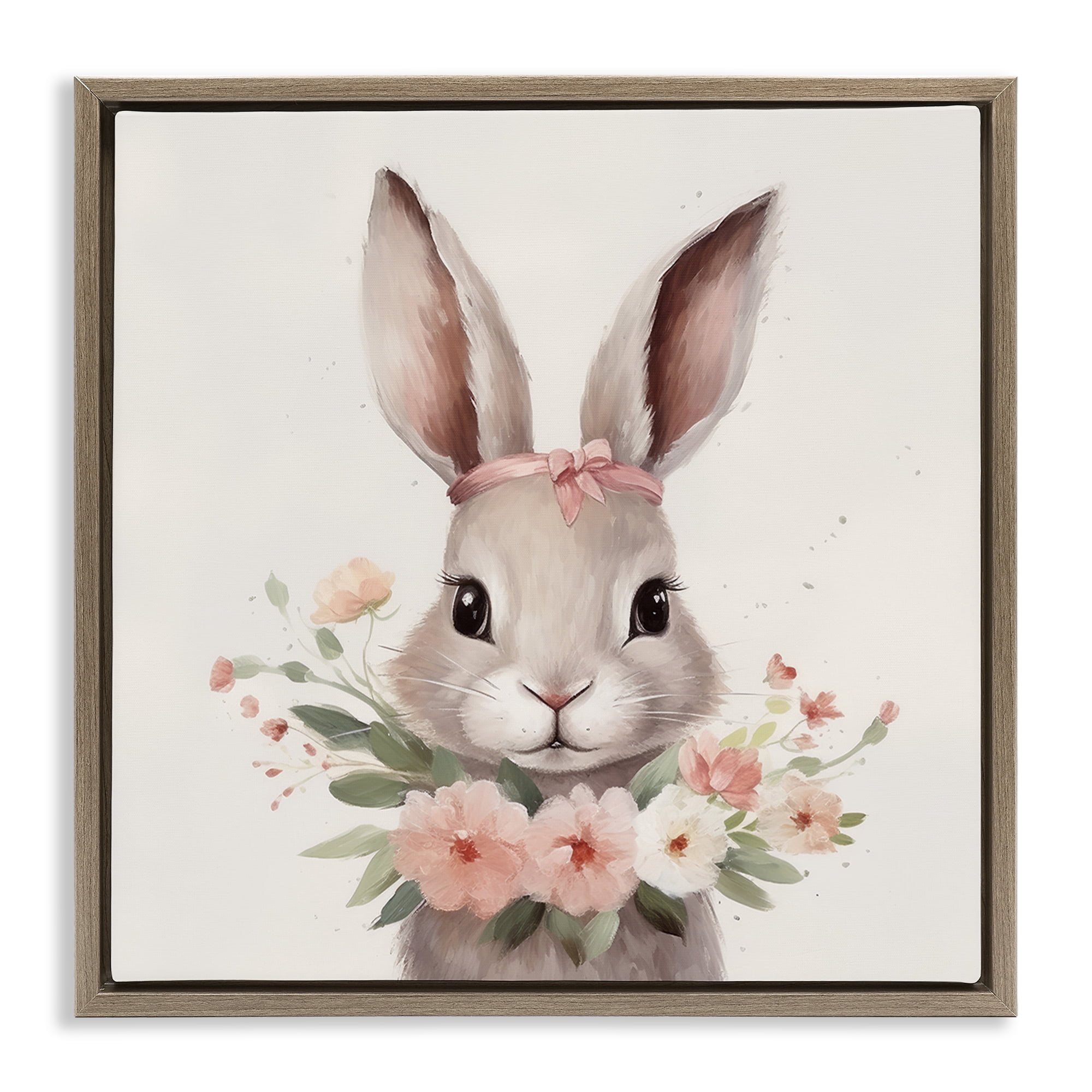 Stupell Industries Charming Bunny in Floral Wreath Brown Framed Floater Canvas Wall Art, design by Lazar Studio