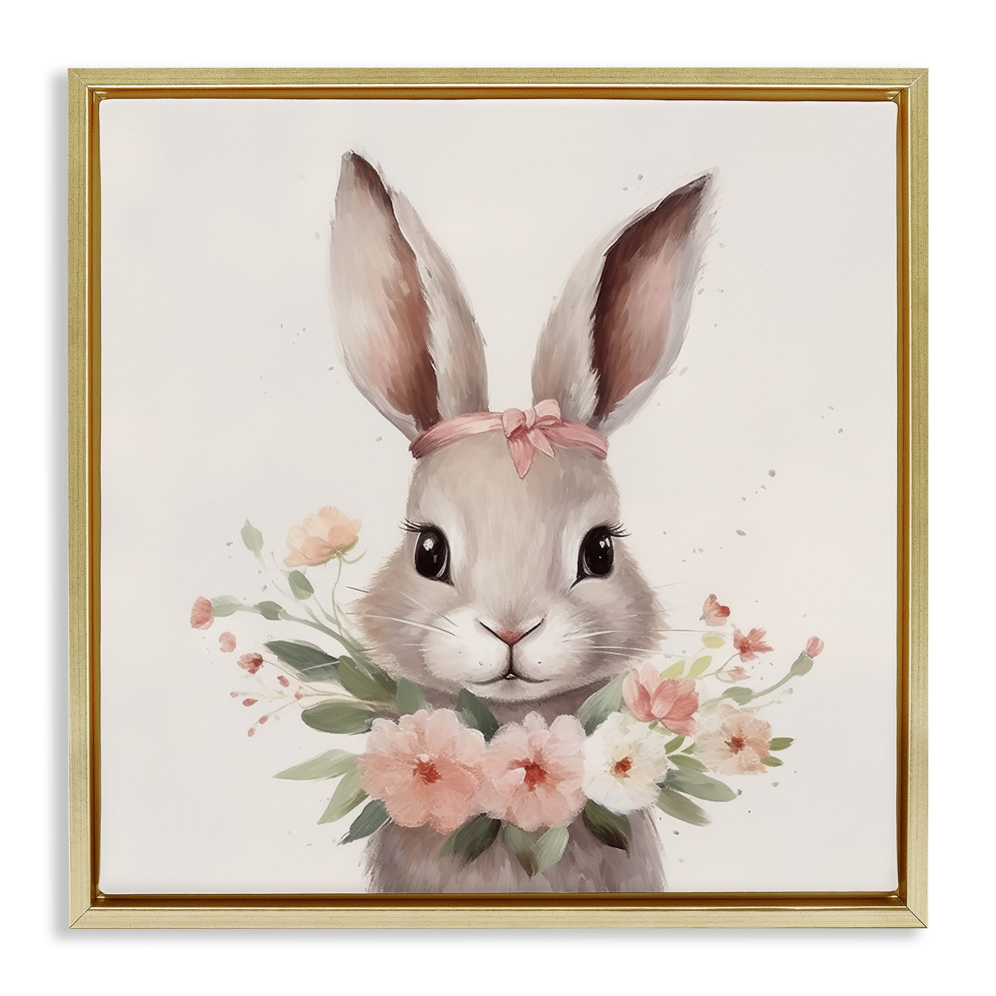 Stupell Industries Charming Bunny in Floral Wreath Gold Framed Floater Canvas Wall Art, design by Lazar Studio