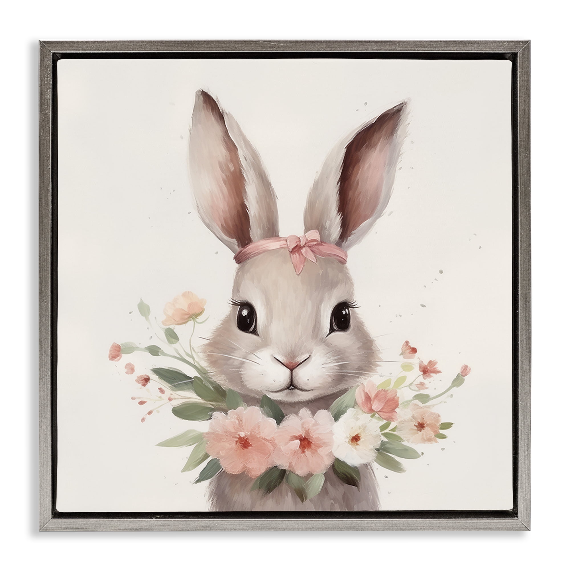 Stupell Industries Charming Bunny in Floral Wreath Gray Framed Floater Canvas Wall Art, design by Lazar Studio