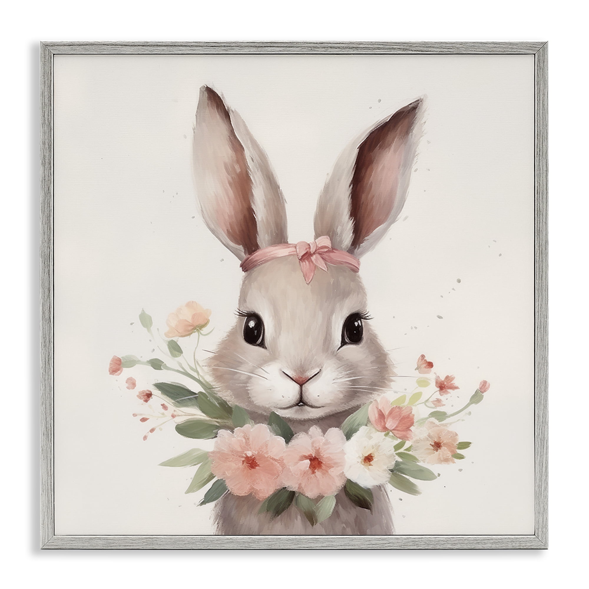 Stupell Industries Charming Bunny in Floral Wreath Gray Framed Giclee Art, design by Lazar Studio
