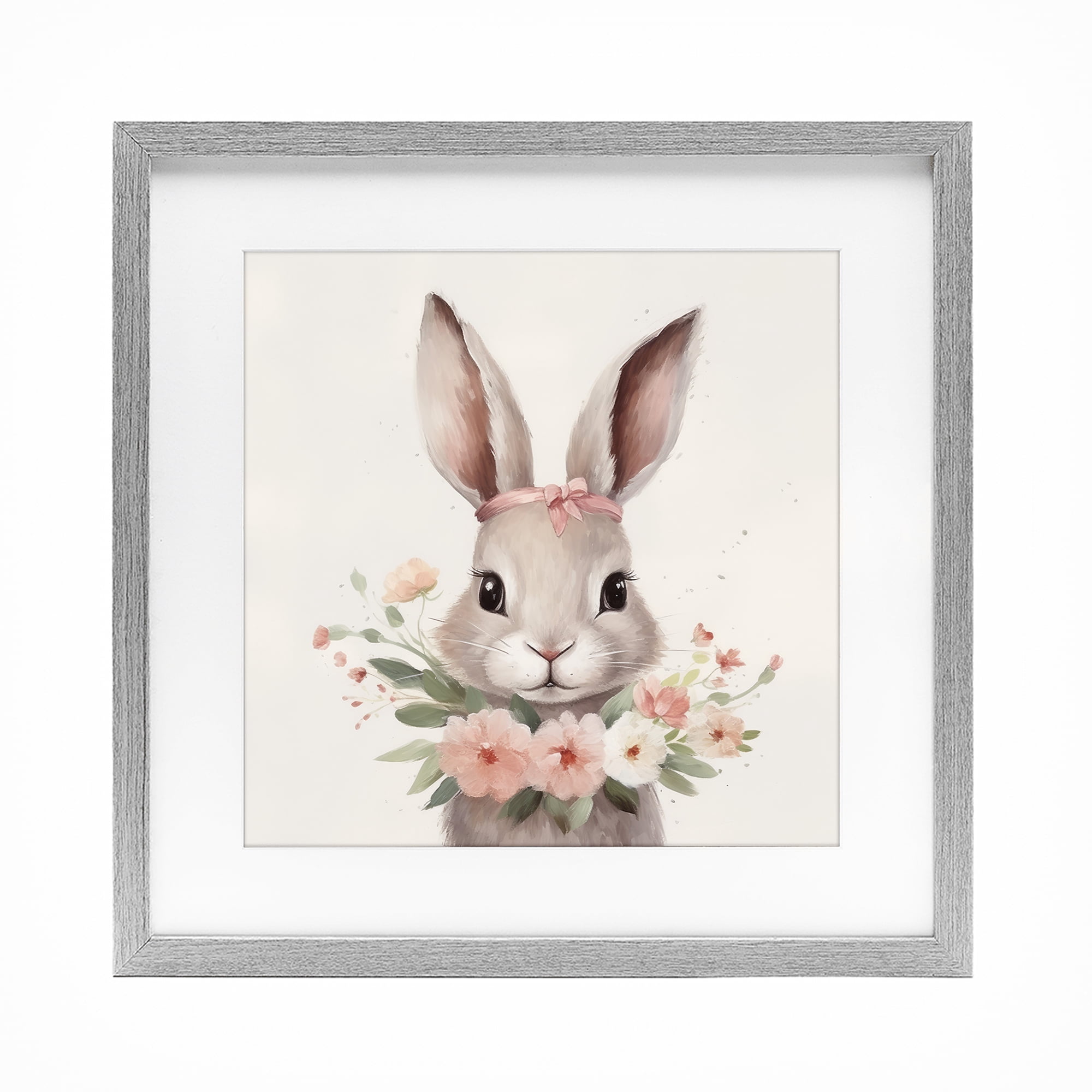 Stupell Industries Charming Bunny in Floral Wreath Gray Framed Print Under Glass, design by Lazar Studio