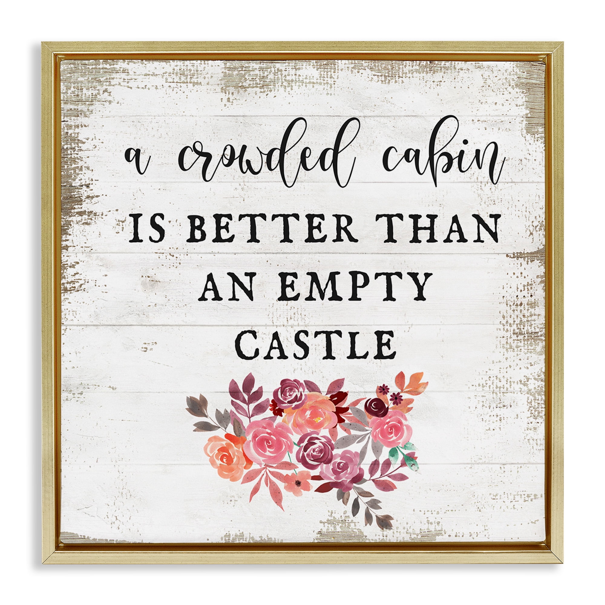 Stupell Industries Charming Cabin Rustic Phrase Typography Painting Gold Floater Framed Canvas Art Print Wall Art, 18 x 18