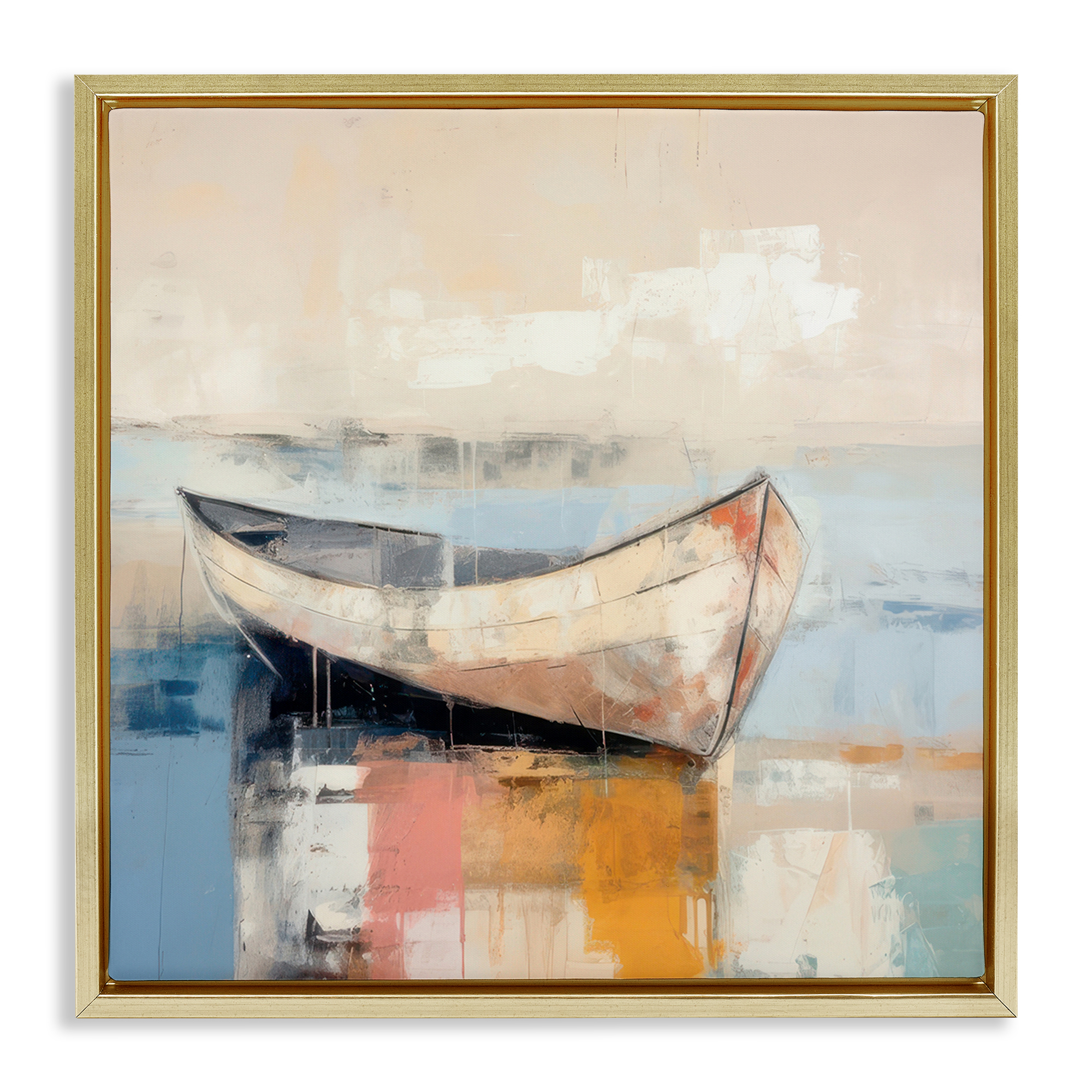 Stupell Industries Charming Coastal Boat Nautical & Beach Painting Gold Floater Framed Canvas Art Print Wall Art, 25 x 25