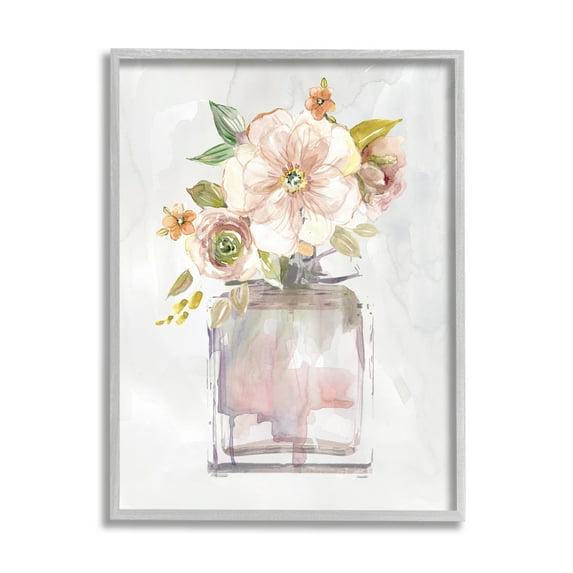 Stupell Industries Charming Cottage Florals in Fashion Fragrance Bottle Botanical & Floral Painting Gray Framed Art Print Wall Art, 11 x 14