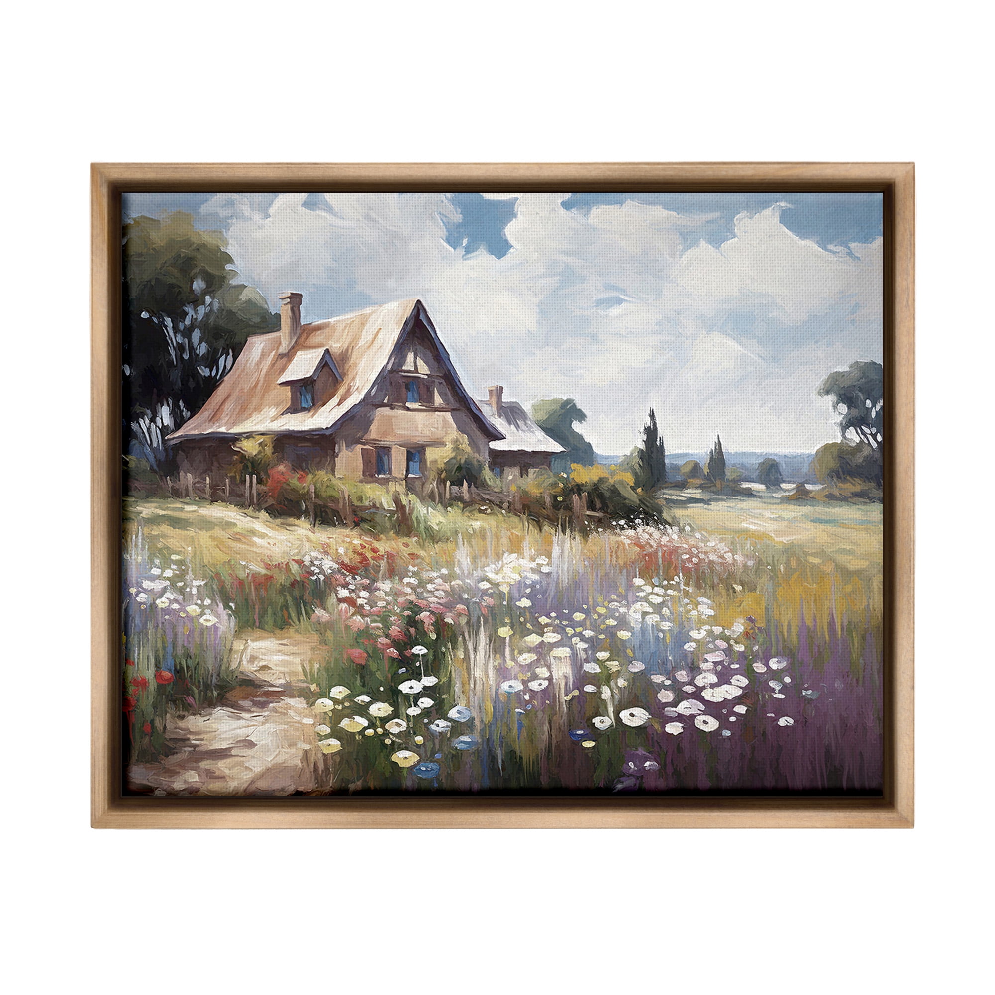 Stupell Industries Charming Cottage Garden Landscape Painting Brown Floater Framed Canvas Art Print Wall Art, 31 x 25