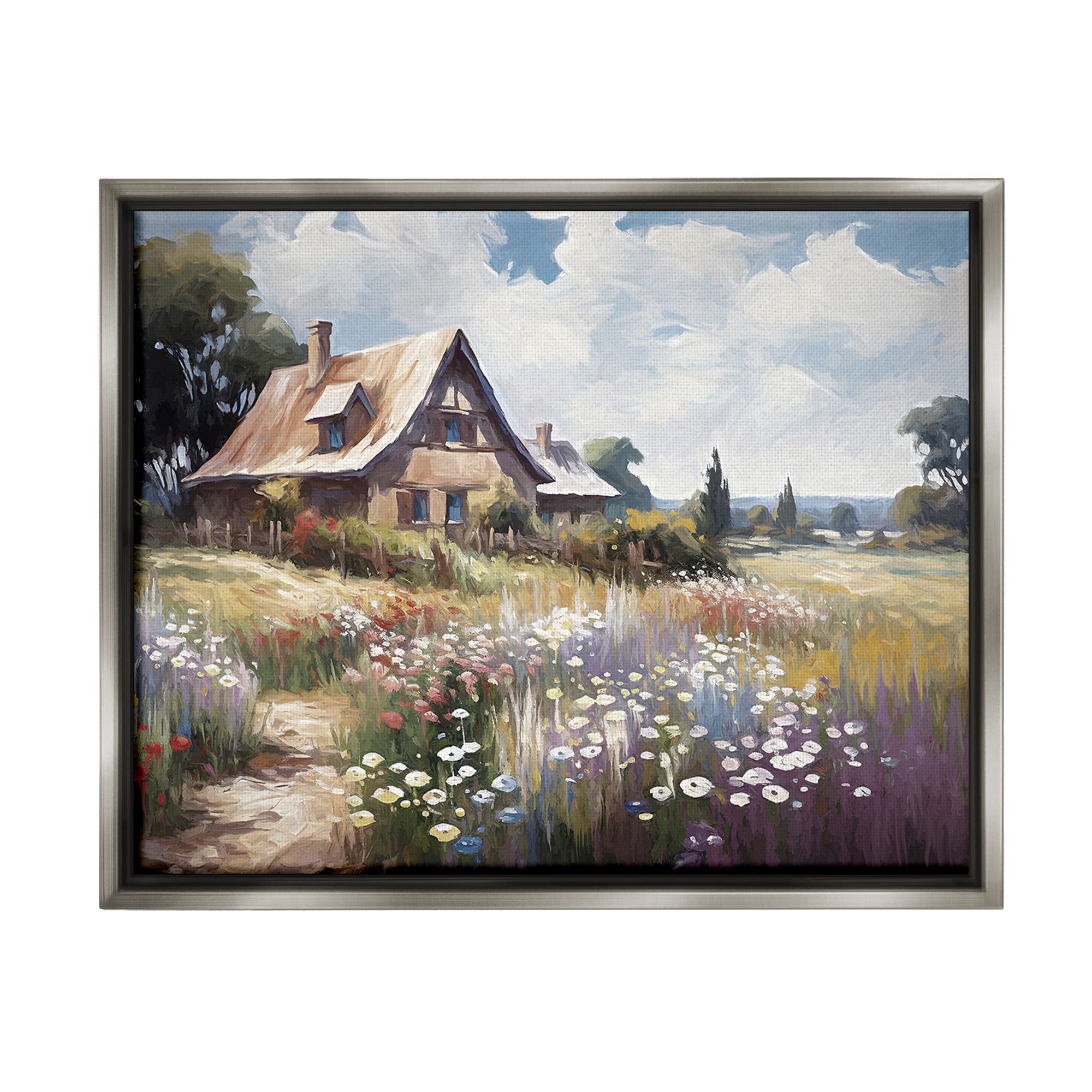 Stupell Industries Charming Cottage Garden Landscape Painting Gray Floater Framed Canvas Art Print Wall Art, 21 x 17