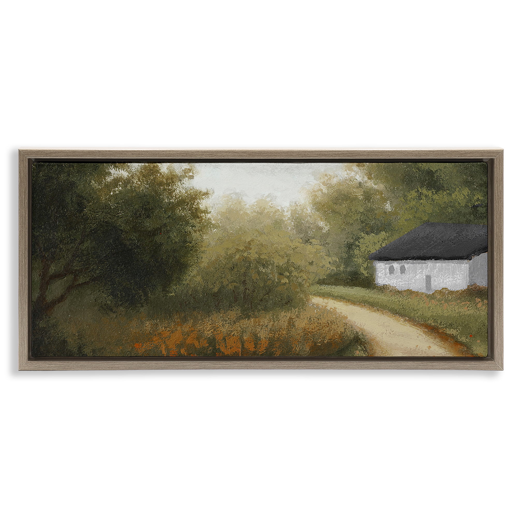 Stupell Industries Charming Country Road Landscape & Nature Painting Brown Floater Framed Canvas Art Print Wall Art, 31 x 14