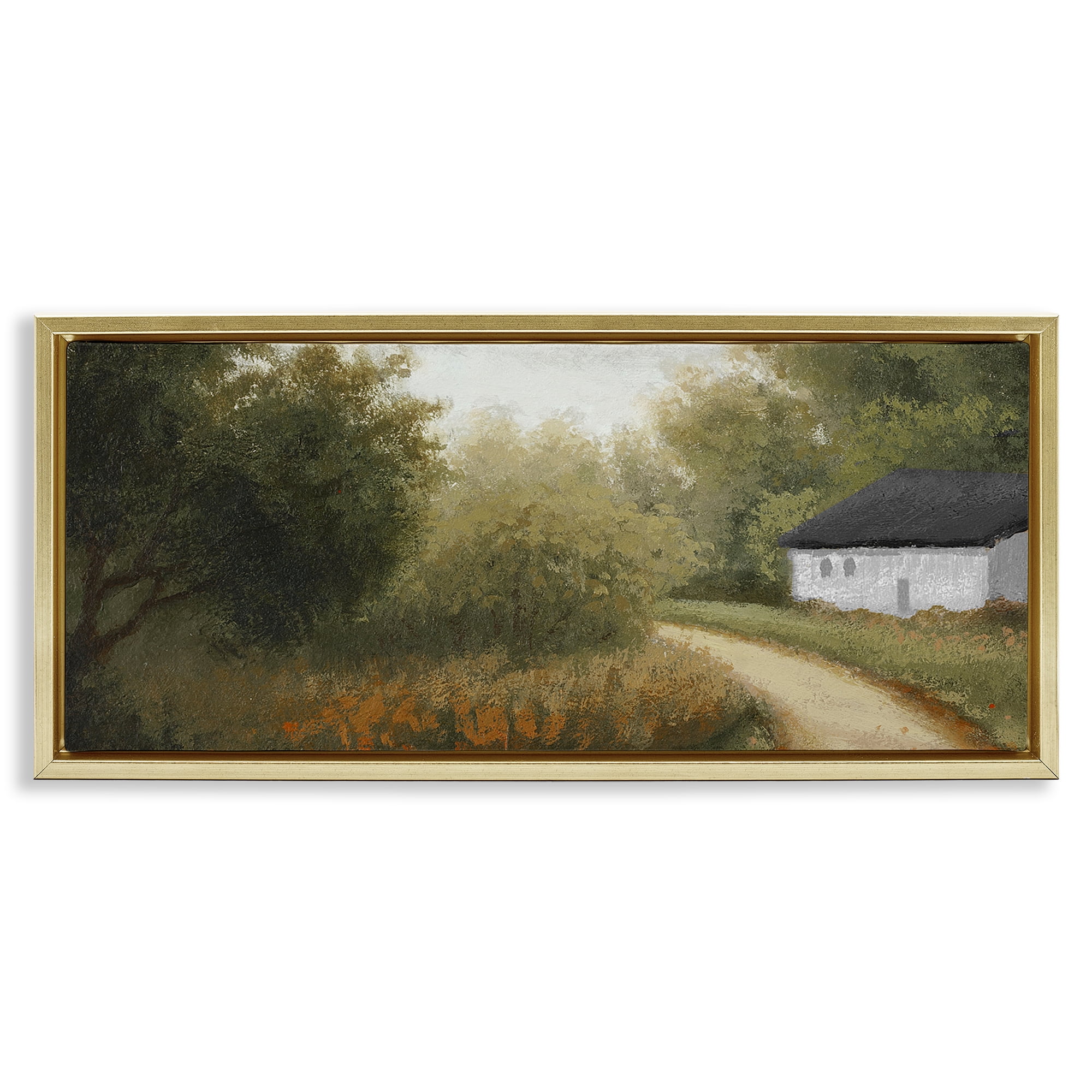 Stupell Industries Charming Country Road Landscape & Nature Painting Gold Floater Framed Canvas Art Print Wall Art, 25 x 11