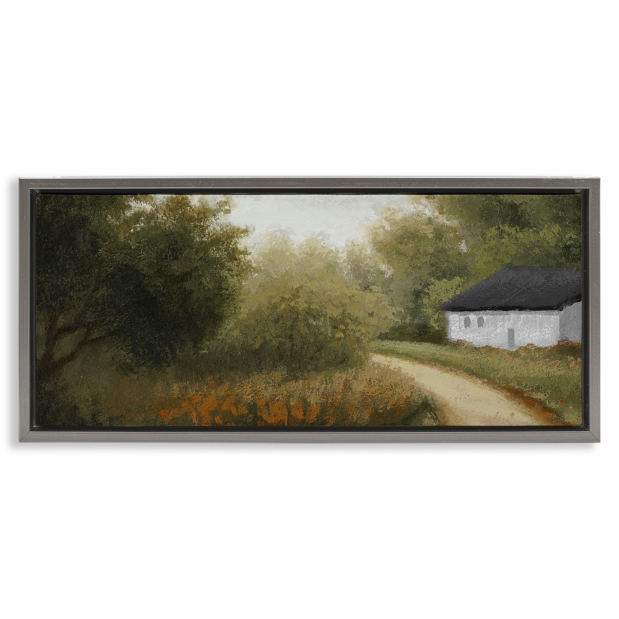 Stupell Industries Charming Country Road Landscape & Nature Painting Gray Floater Framed Canvas Art Print Wall Art, 25 x 11