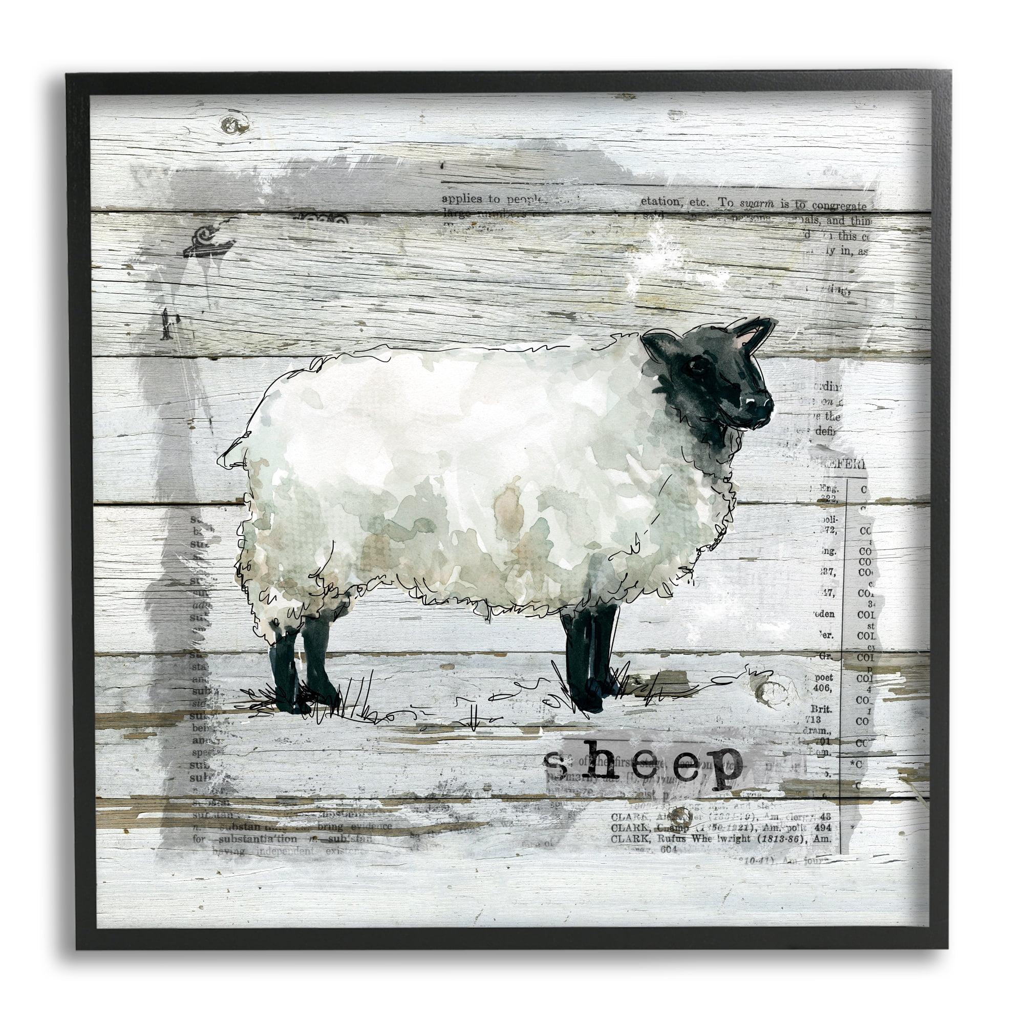 Stupell Industries Charming Country Sheep Book Collage Rustic Pattern Animals & Insects Painting Black Framed Art Print Wall Art, 24 x 24