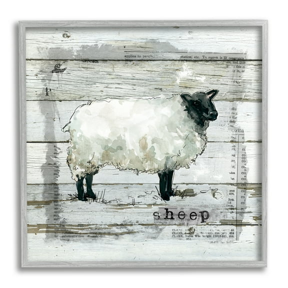 Stupell Industries Charming Country Sheep Book Collage Rustic Pattern Animals & Insects Painting Gray Framed Art Print Wall Art, 24 x 24