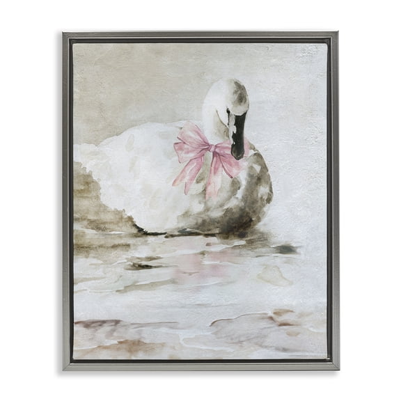 Stupell Industries Charming Duck with Pink Bow Animals Painting Gray Floater Framed Canvas Art Print Wall Art, 17 x 21