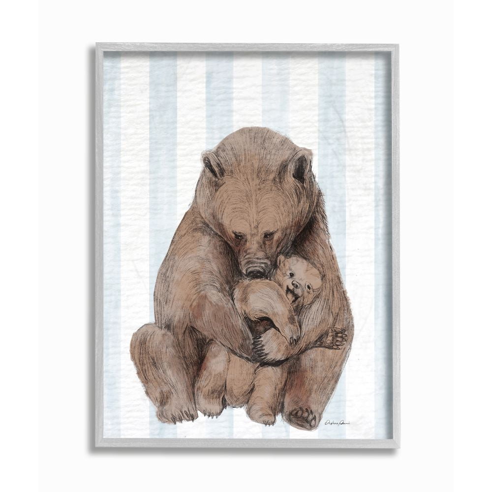 Stupell Industries Charming Family Bear and Baby Cub Blue Stripe Nursery Illustration Framed Wall Art Design by Daphne Polselli, 11" x 14", Gray Framed