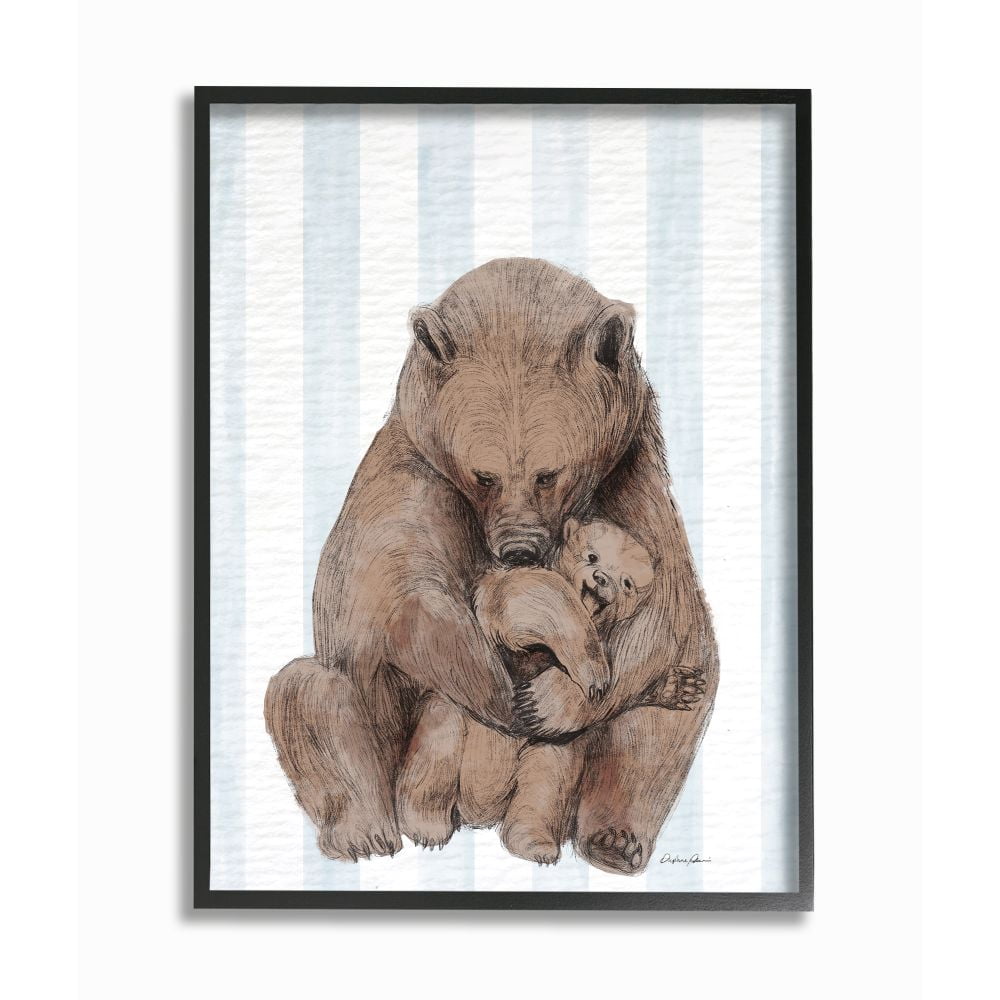Stupell Industries Charming Family Bear and Baby Cub Blue Stripe Nursery Illustration Framed Wall Art Design by Daphne Polselli, 16" x 20", Black Framed