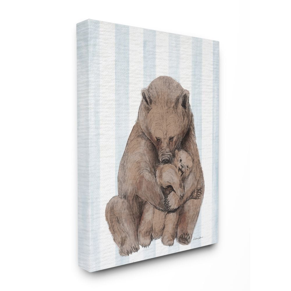 Stupell Industries Charming Family Bear and Baby Cub Blue Stripe Nursery Illustration Canvas Wall Art Design by Daphne Polselli, 36" x 48"