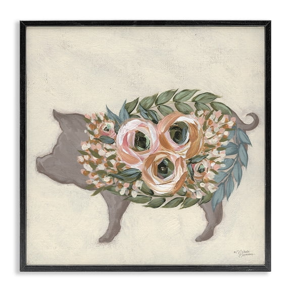 Stupell Industries Cottage Charming Farm Pig Green Pink Floral Body Black Framed Giclee Art, 12 x 12, by Michele Norman