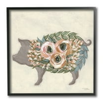 Stupell Industries Charming Farm Pig Green Pink Floral Body Animals & Insects Painting Black Framed Art Print Wall Art, 12 x 12