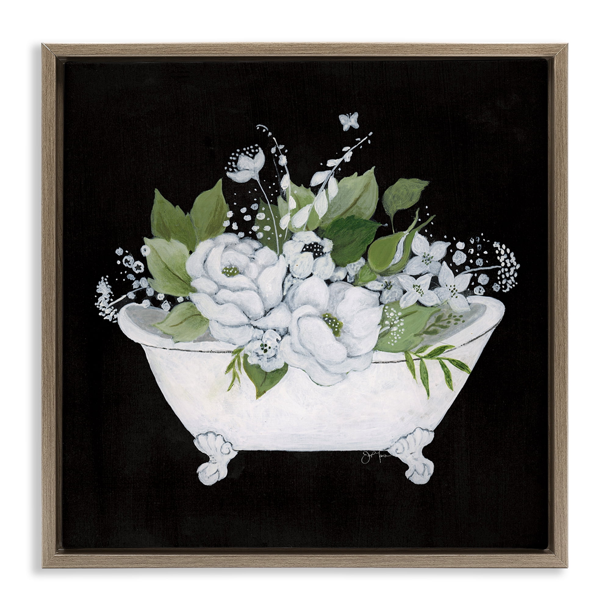 Stupell Industries Charming Floral Bathtub Typography Painting Brown Floater Framed Canvas Art Print Wall Art, 25 x 25