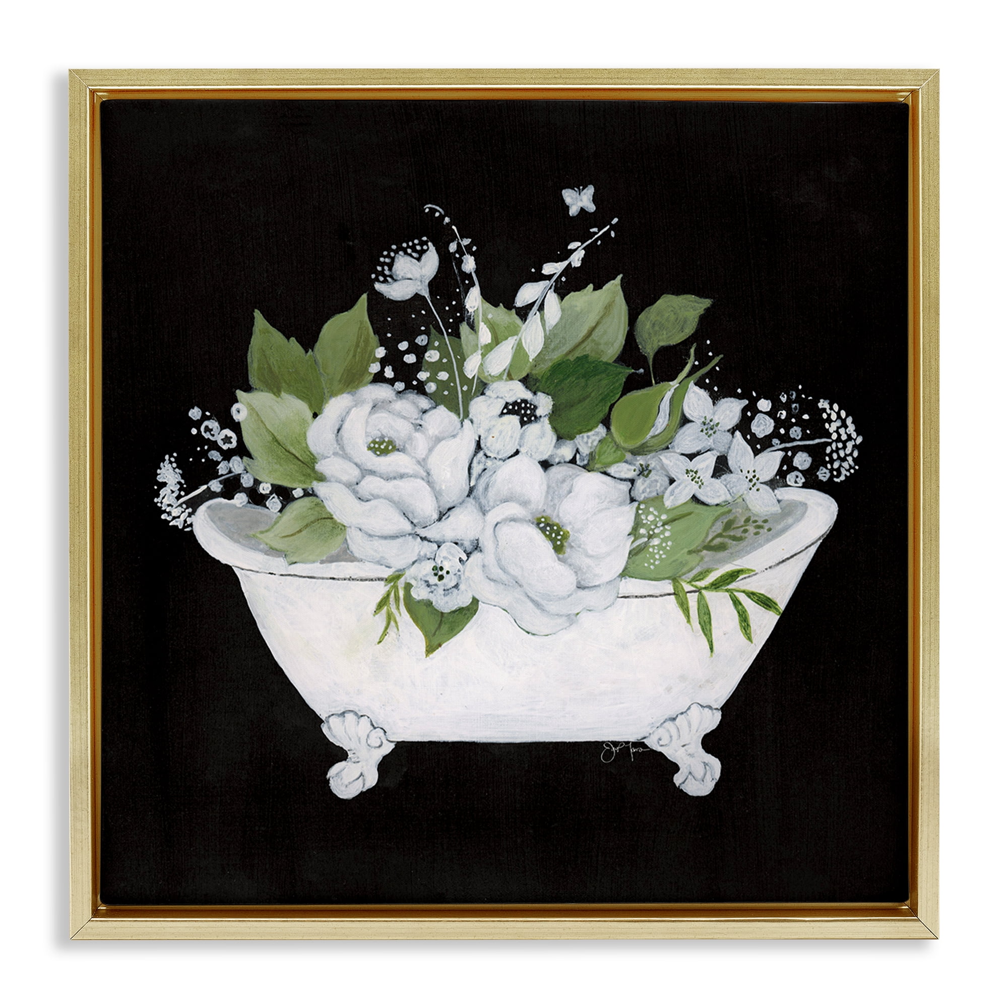 Stupell Industries Charming Floral Bathtub Typography Painting Gold Floater Framed Canvas Art Print Wall Art, 18 x 18
