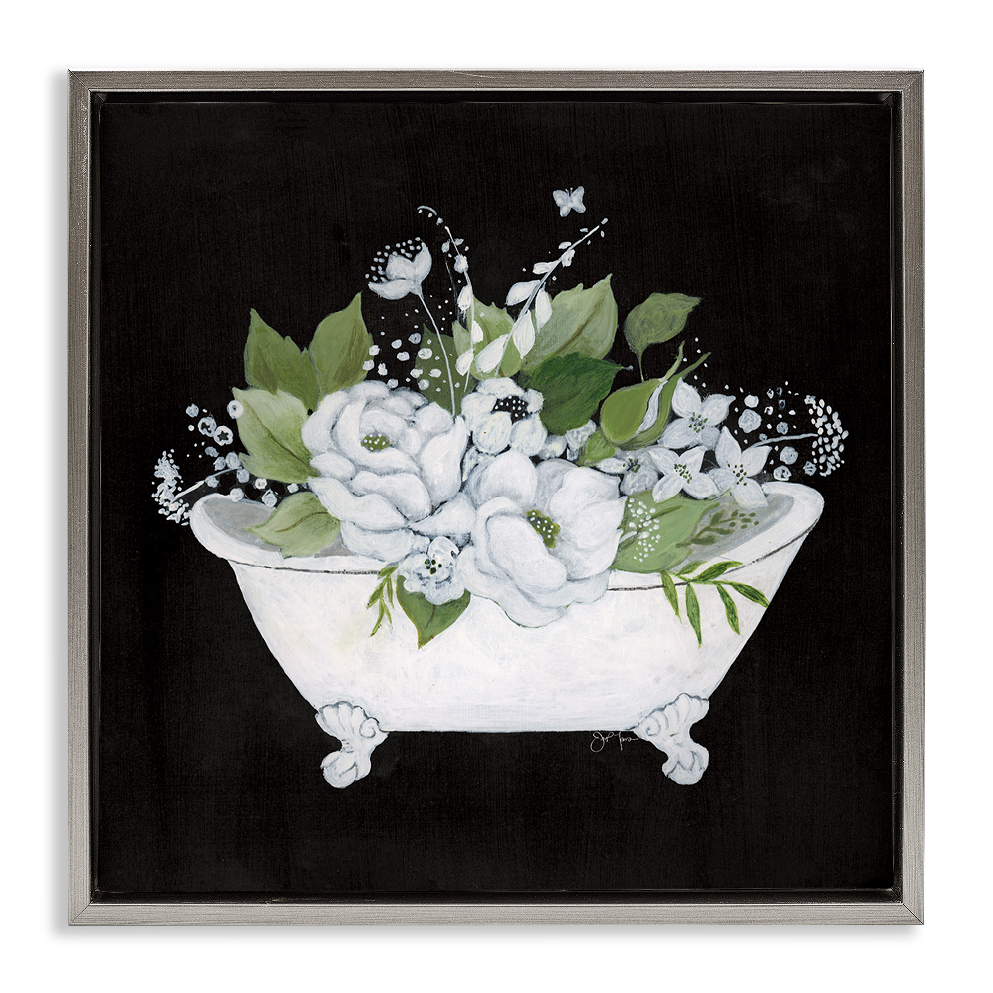 Stupell Industries Charming Floral Bathtub Typography Painting Gray Floater Framed Canvas Art Print Wall Art, 18 x 18